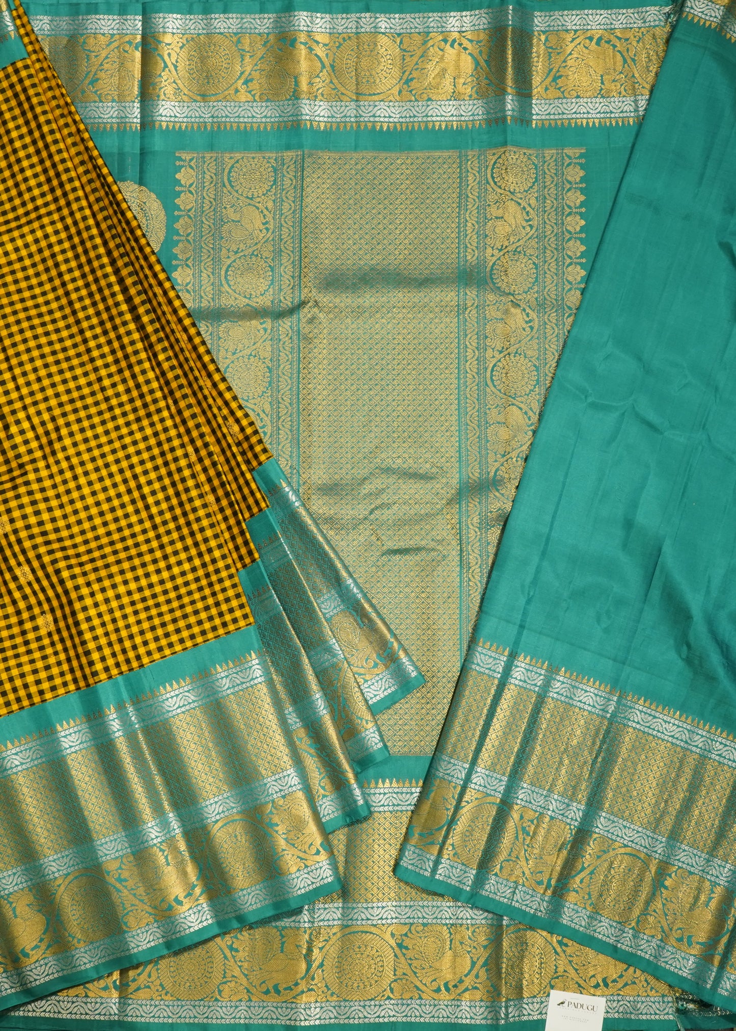 Yellow Gadwal Missing Checks Pure Silk Handloom Saree