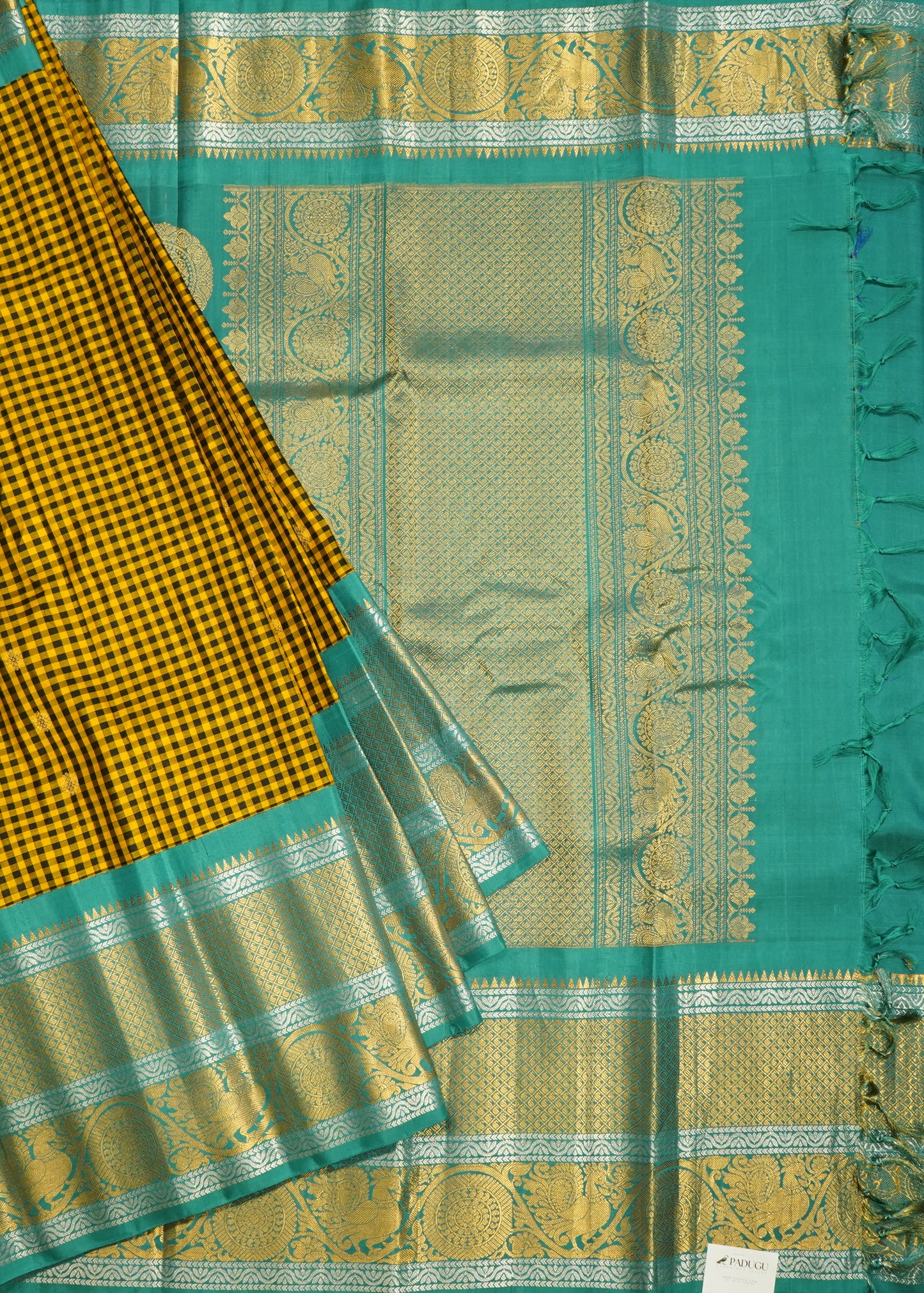 Yellow Gadwal Missing Checks Pure Silk Handloom Saree