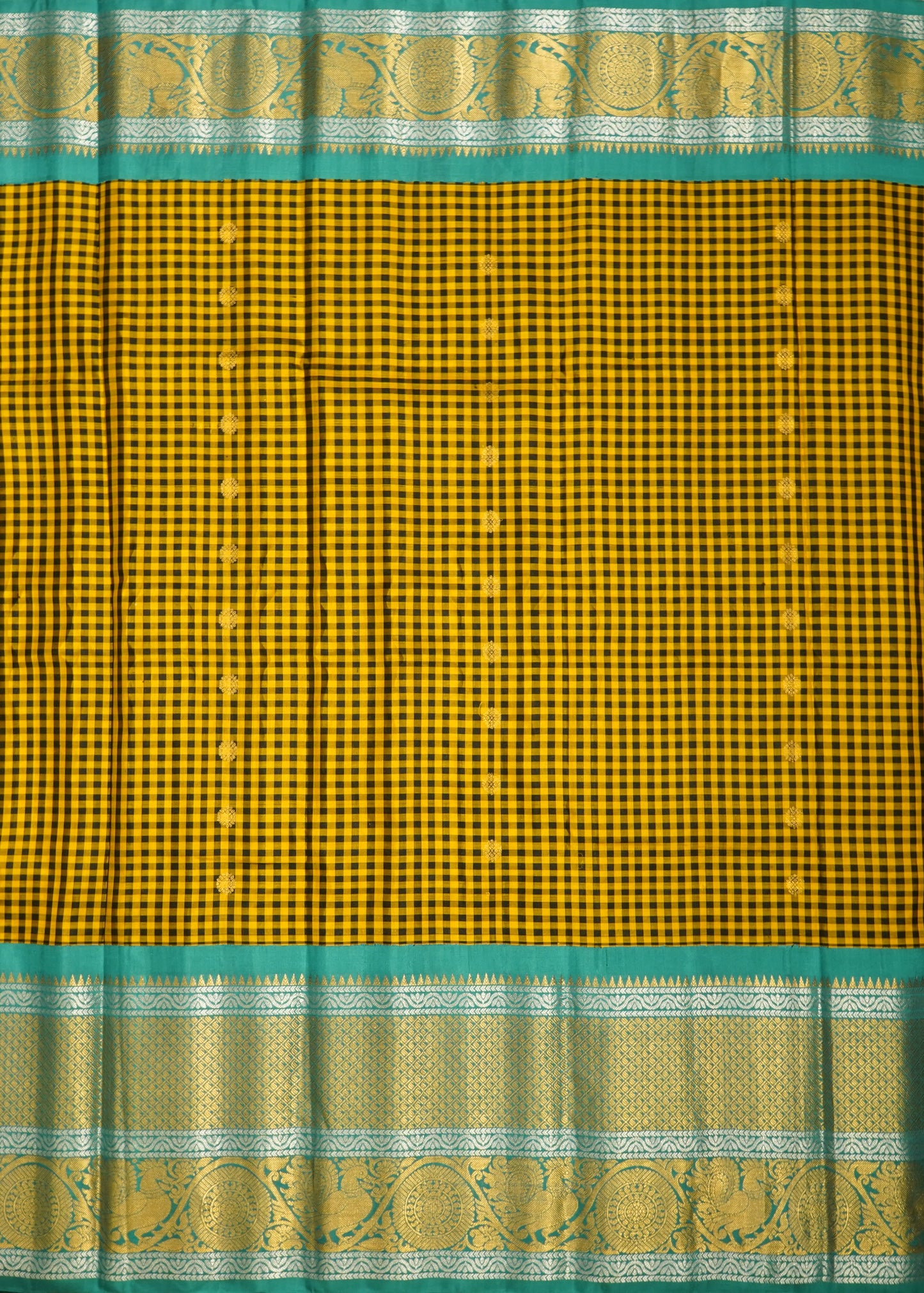 Yellow Gadwal Missing Checks Pure Silk Handloom Saree