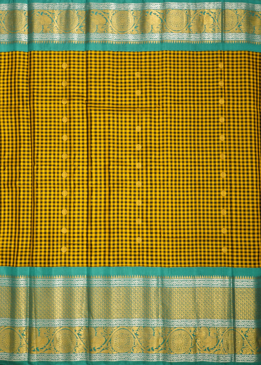 Yellow Gadwal Missing Checks Pure Silk Handloom Saree