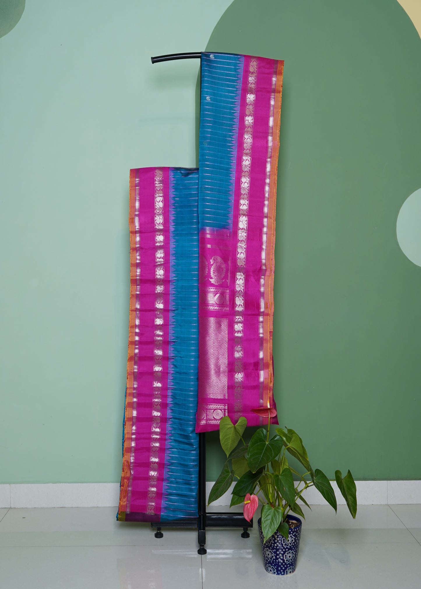 Rama Blue Gadwal Silver Buti Pure Silk Handloom Saree