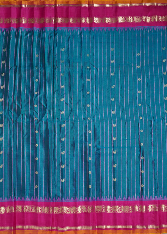 Rama Blue Gadwal Silver Buti Pure Silk Handloom Saree