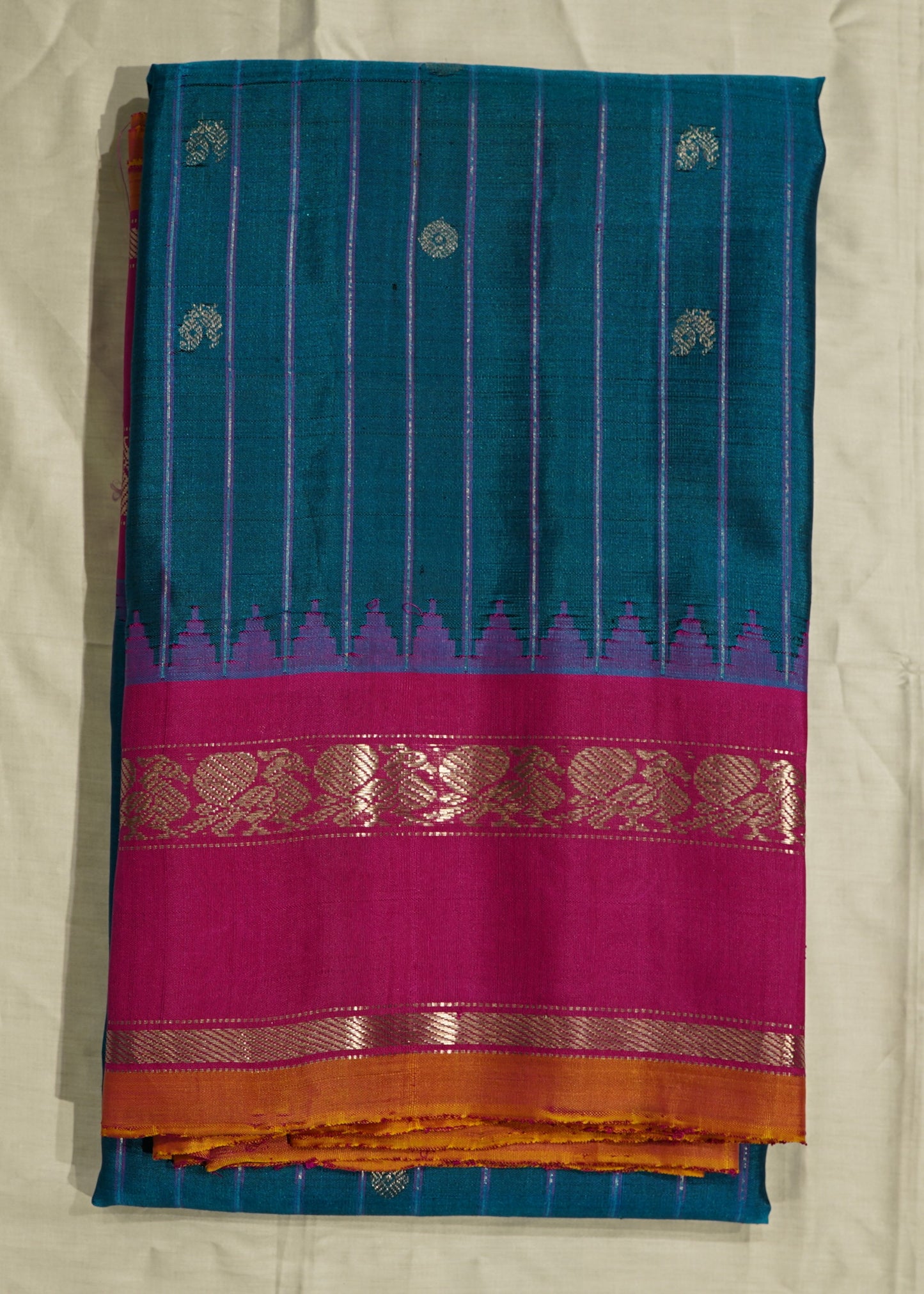Rama Blue Gadwal Silver Buti Pure Silk Handloom Saree