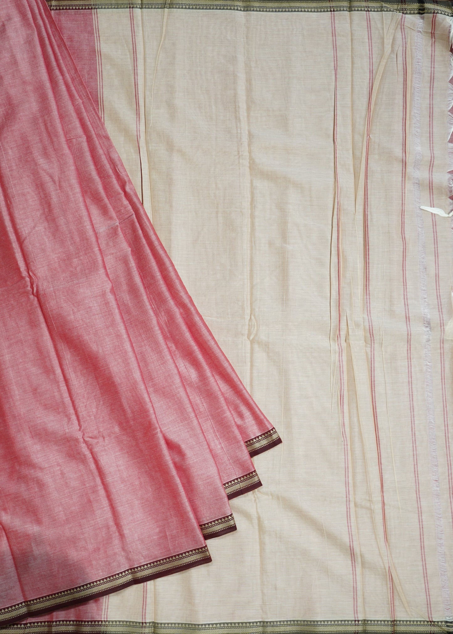 Apricot Narayanpet Small Border Pure Cotton Handloom Saree