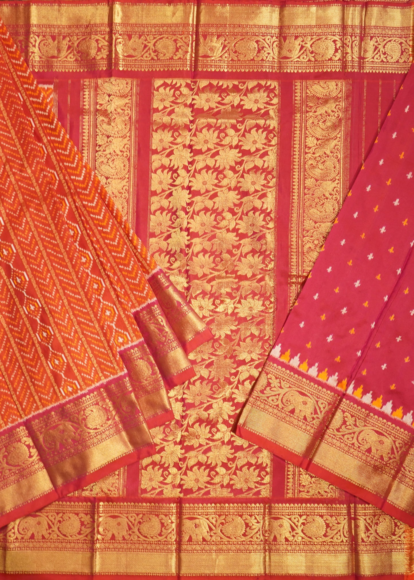 Orange Pochampally Ikkat All Over Kanchi Border Pure Silk Handloom Saree