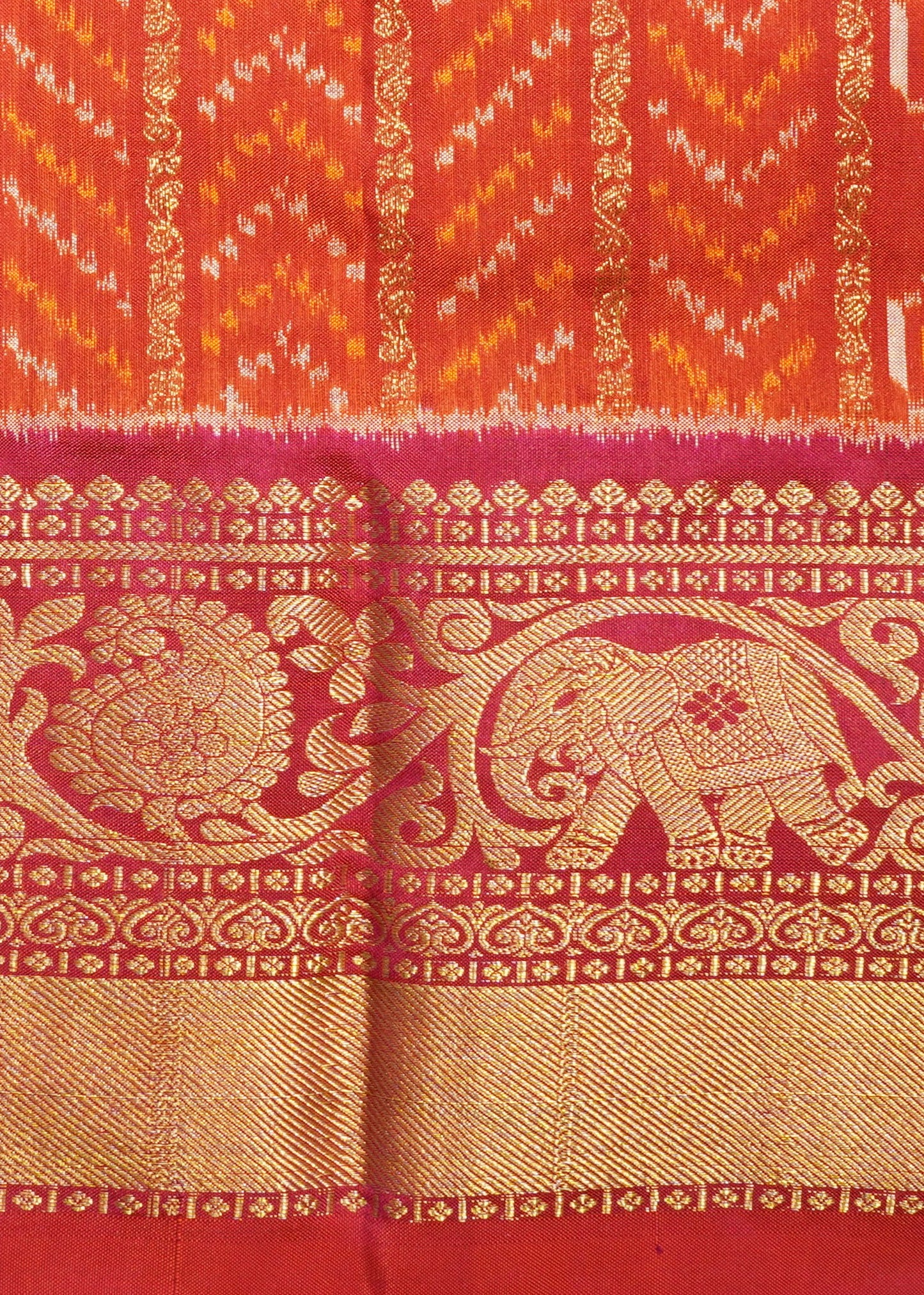 Orange Pochampally Ikkat All Over Kanchi Border Pure Silk Handloom Saree