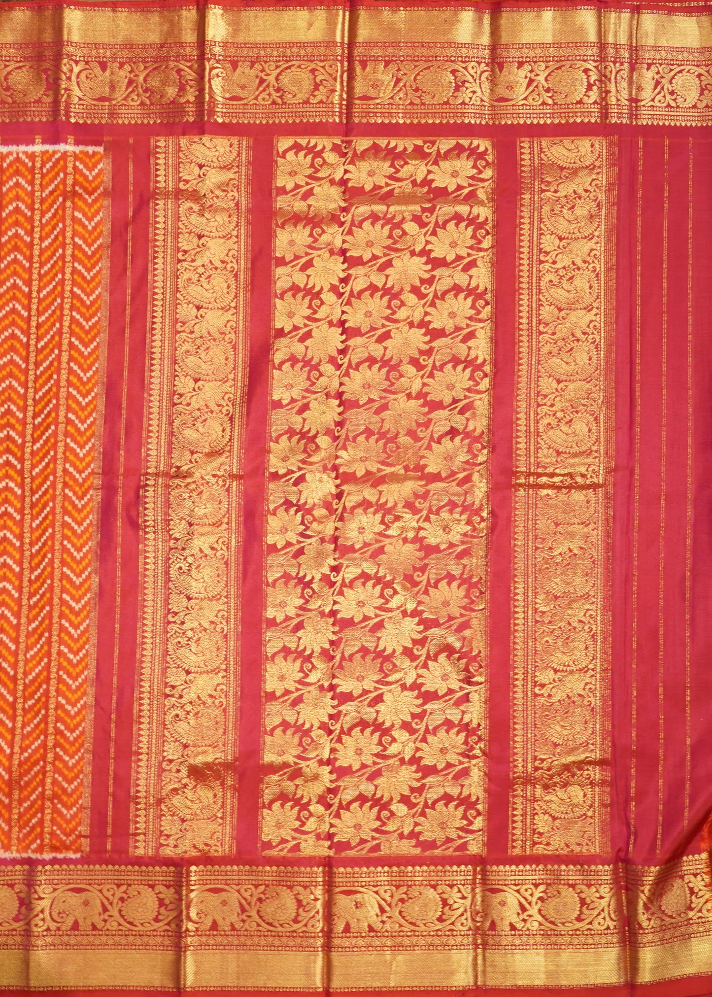 Orange Pochampally Ikkat All Over Kanchi Border Pure Silk Handloom Saree