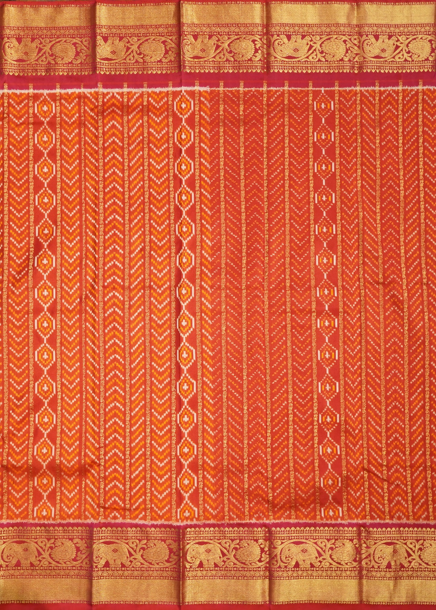 Orange Pochampally Ikkat All Over Kanchi Border Pure Silk Handloom Saree