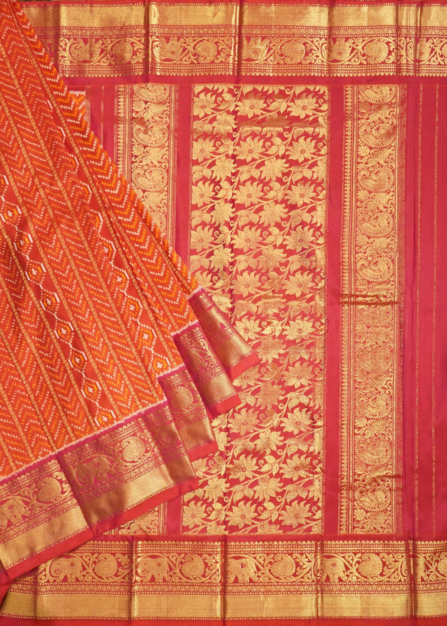 Orange Pochampally Ikkat All Over Kanchi Border Pure Silk Handloom Saree