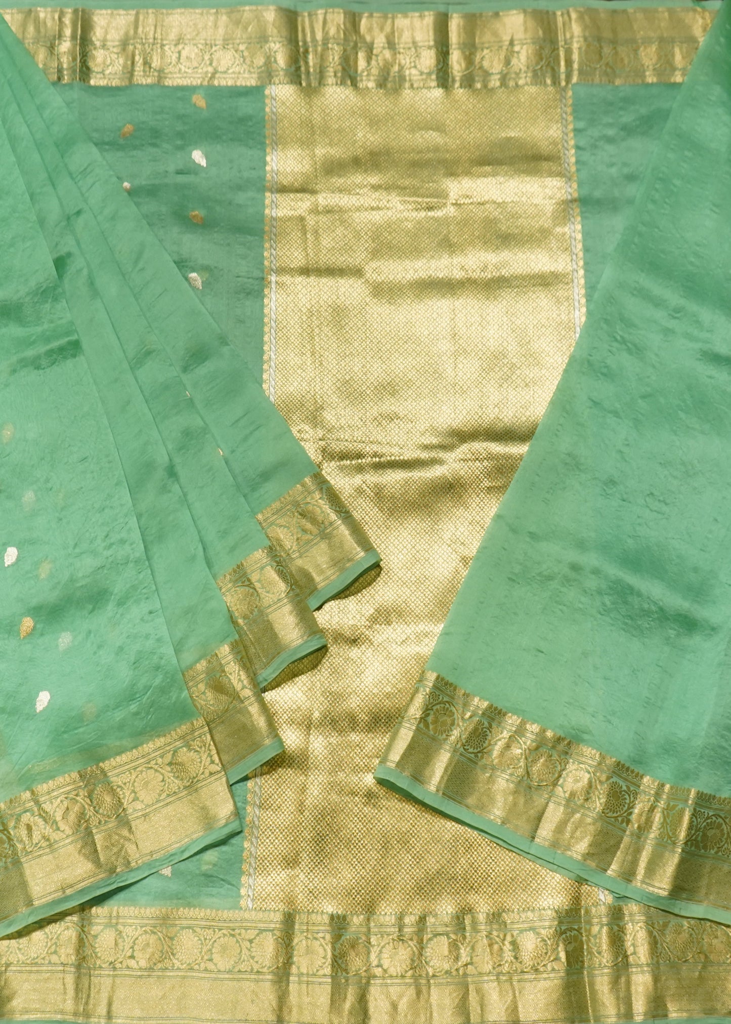Light Green Kora Banaras Allover Buti Pure Silk Handloom Saree