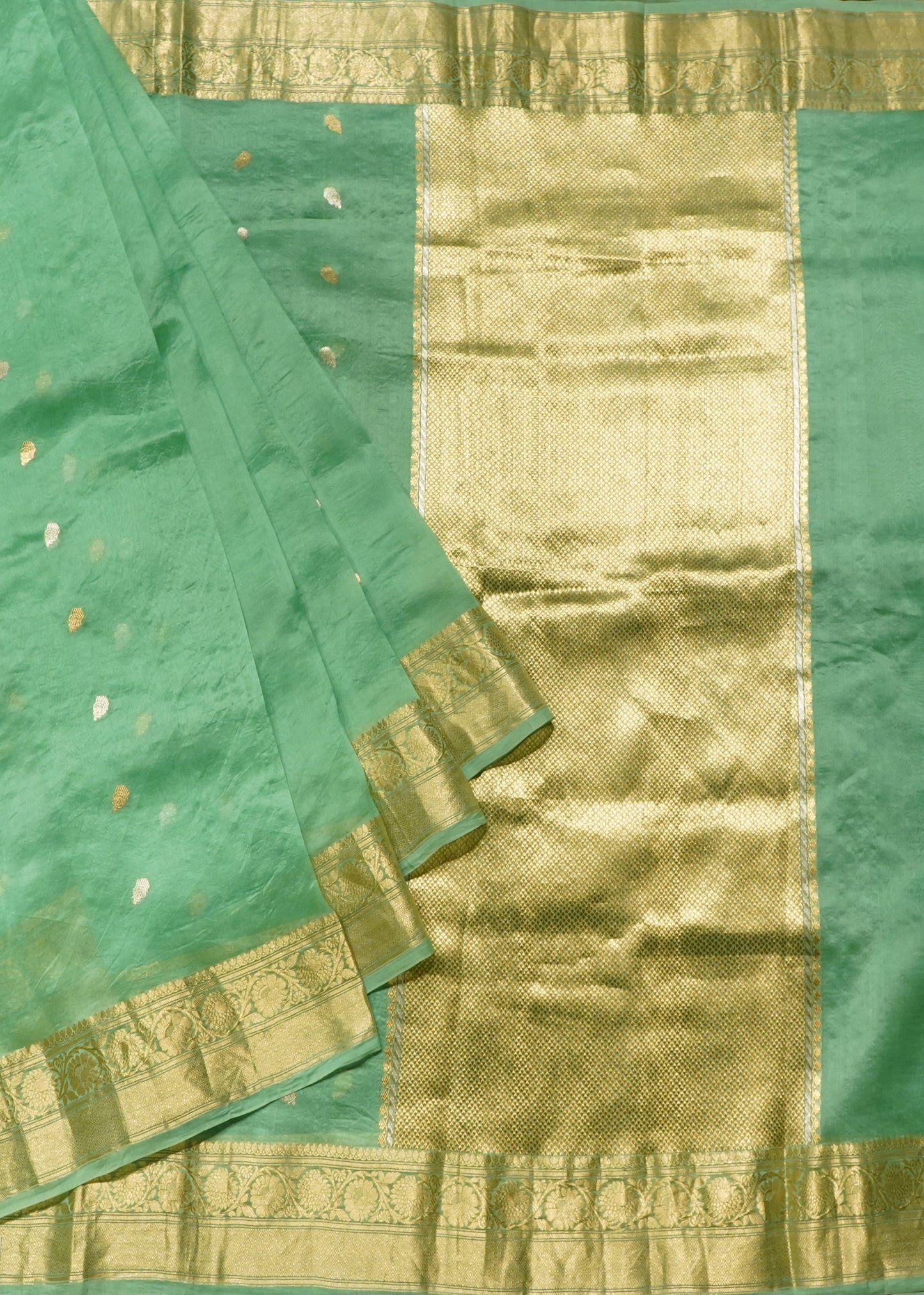Light Green Kora Banaras Allover Buti Pure Silk Handloom Saree
