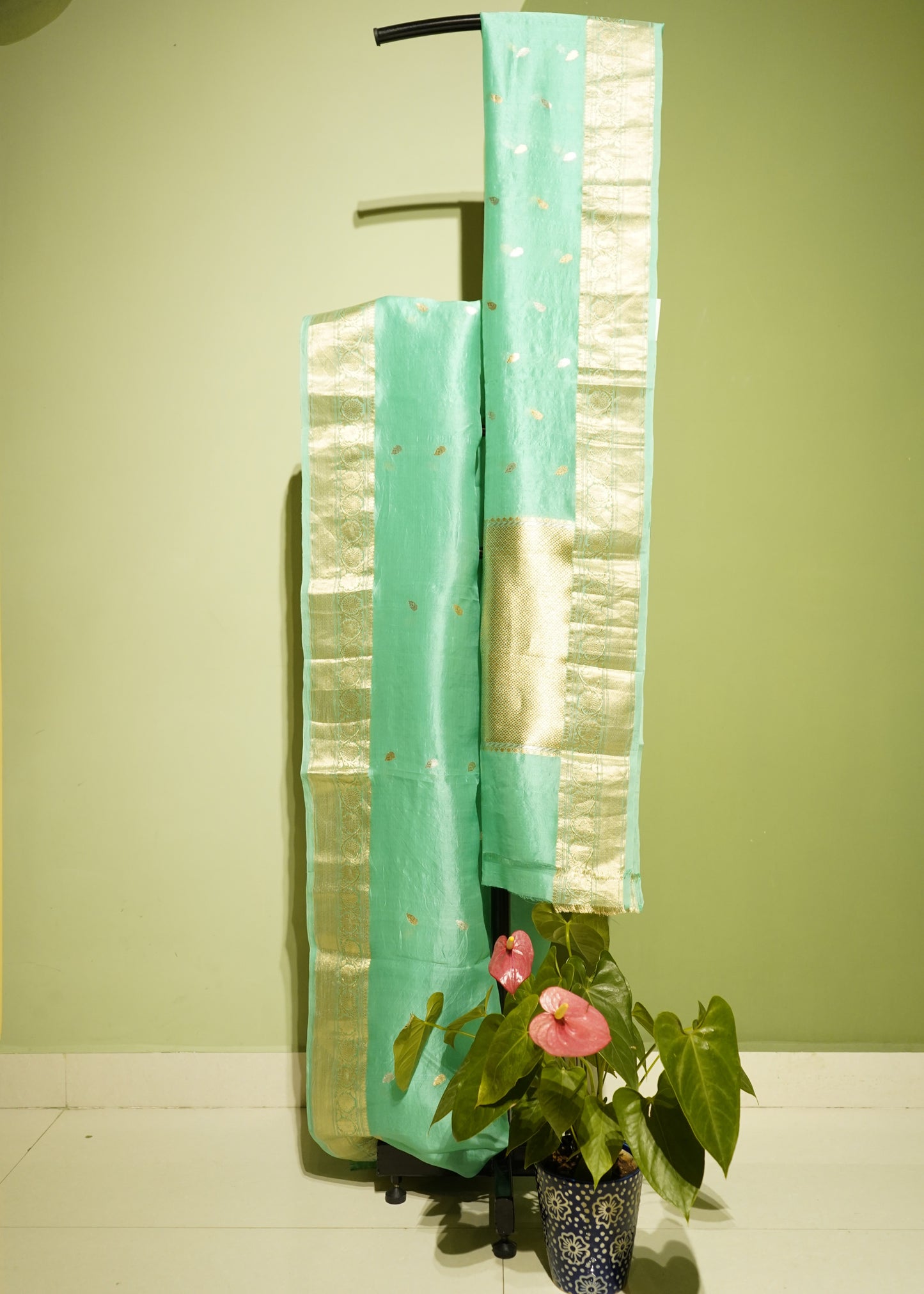 Light Green Kora Banaras Allover Buti Pure Silk Handloom Saree