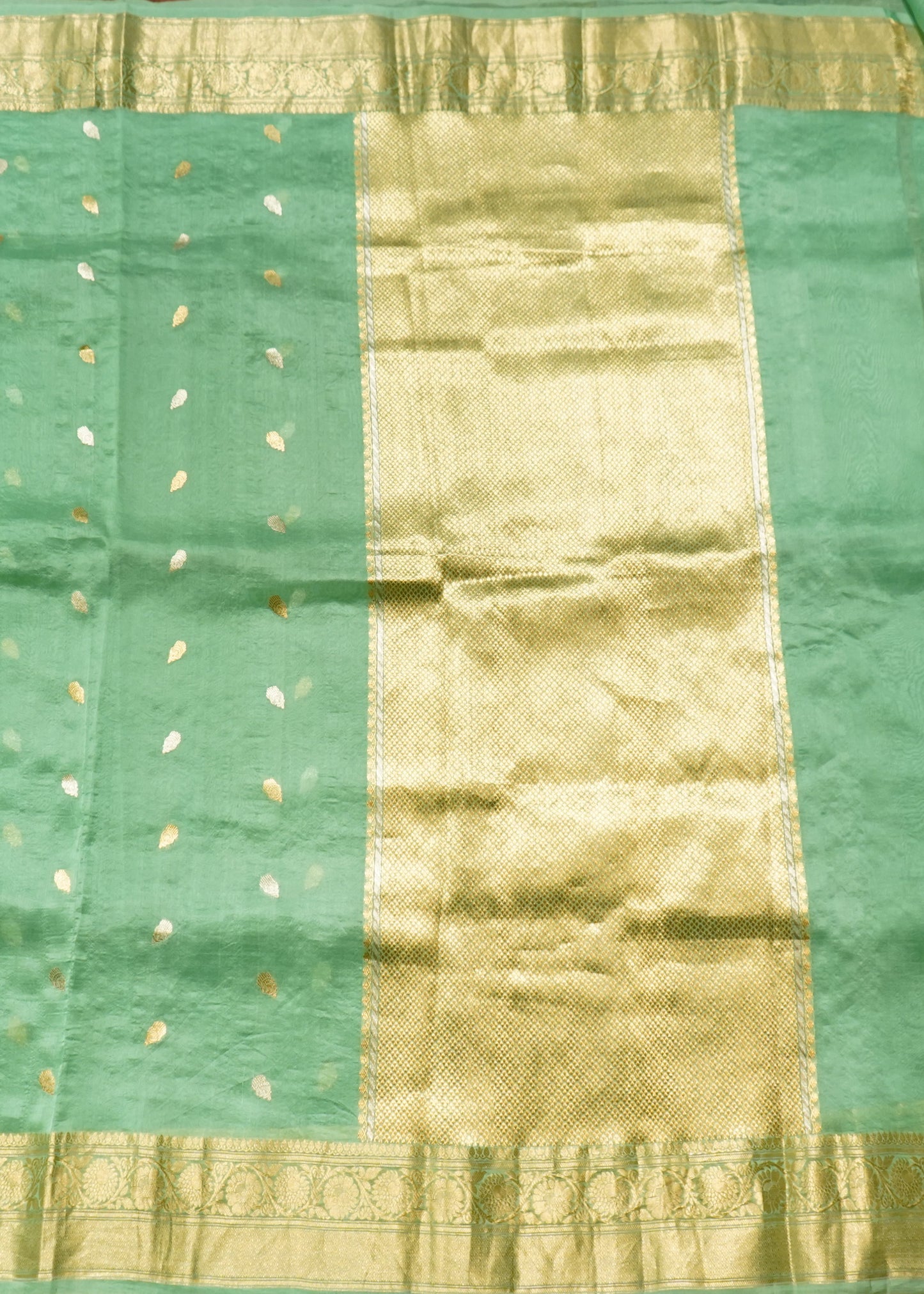 Light Green Kora Banaras Allover Buti Pure Silk Handloom Saree