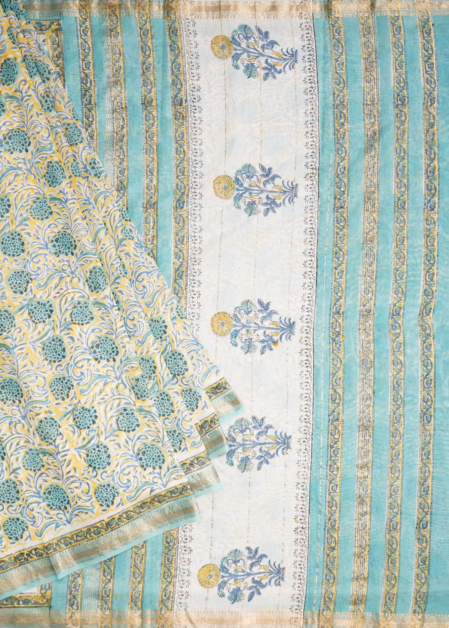 Green Yellow Maheshwari Sanganeri Pure Cotton silk Handloom Saree