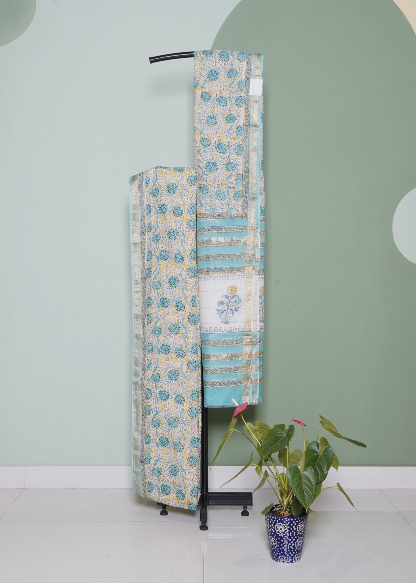Green Yellow Maheshwari Sanganeri Pure Cotton silk Handloom Saree