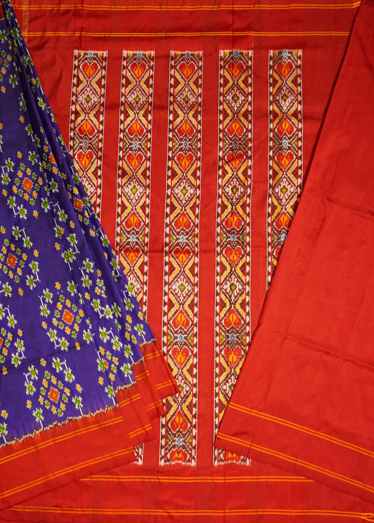 Red & Blue Ikkat Pochampally Zari Buti Pure Silk Handloom Saree