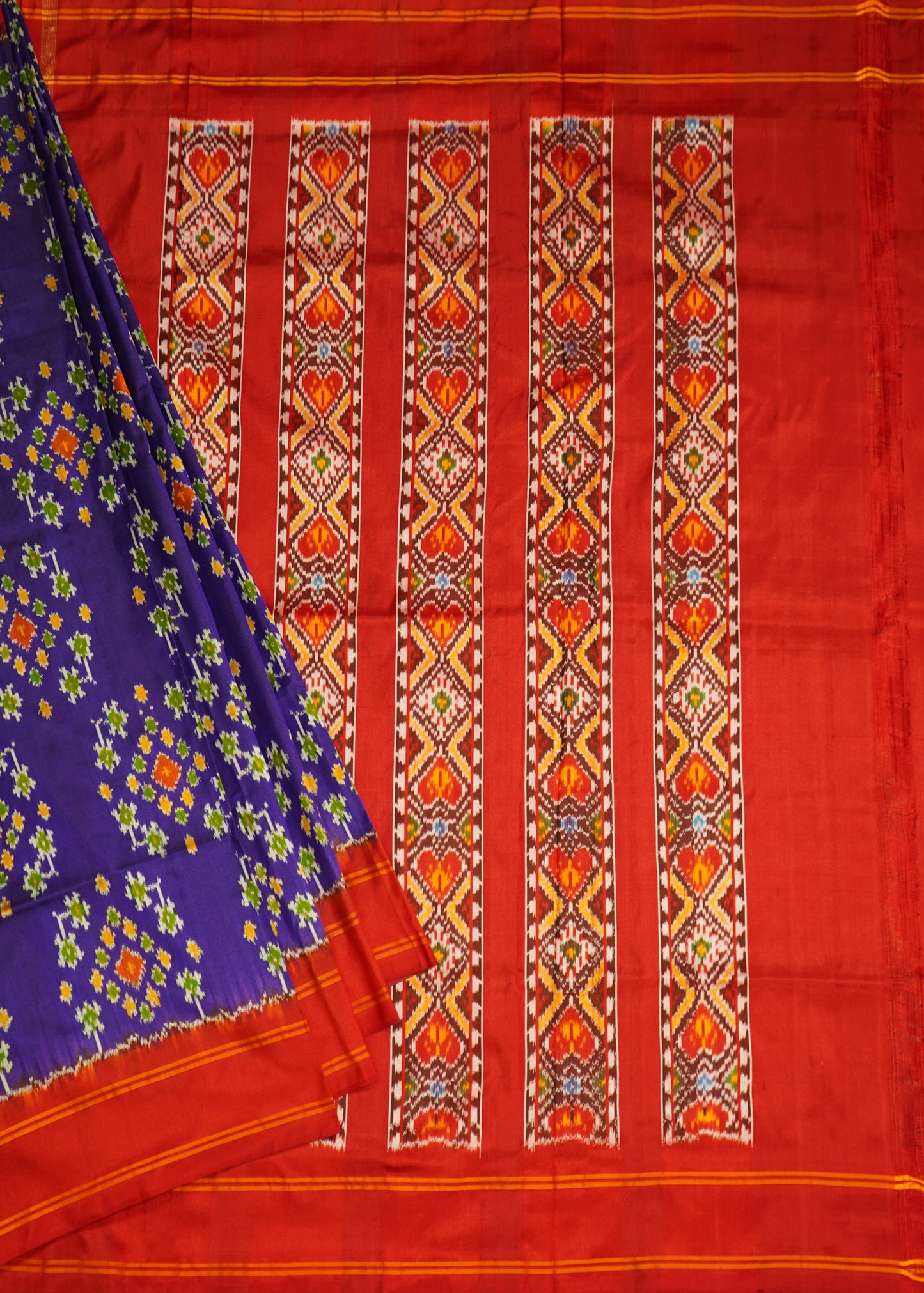 Red & Blue Ikkat Pochampally Zari Buti Pure Silk Handloom Saree