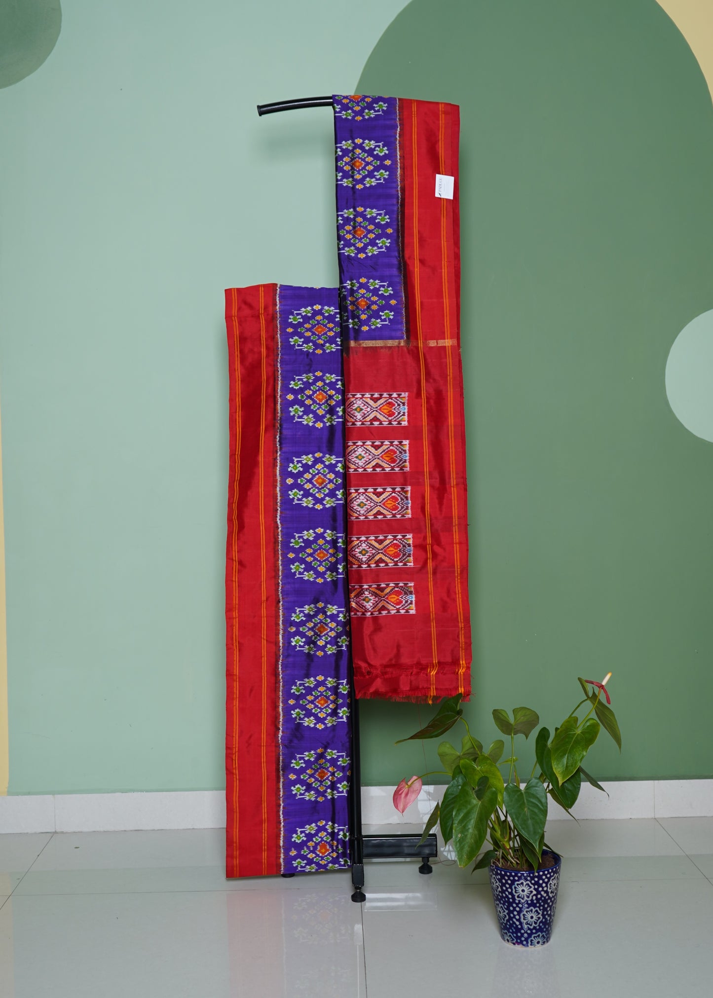 Red & Blue Ikkat Pochampally Zari Buti Pure Silk Handloom Saree