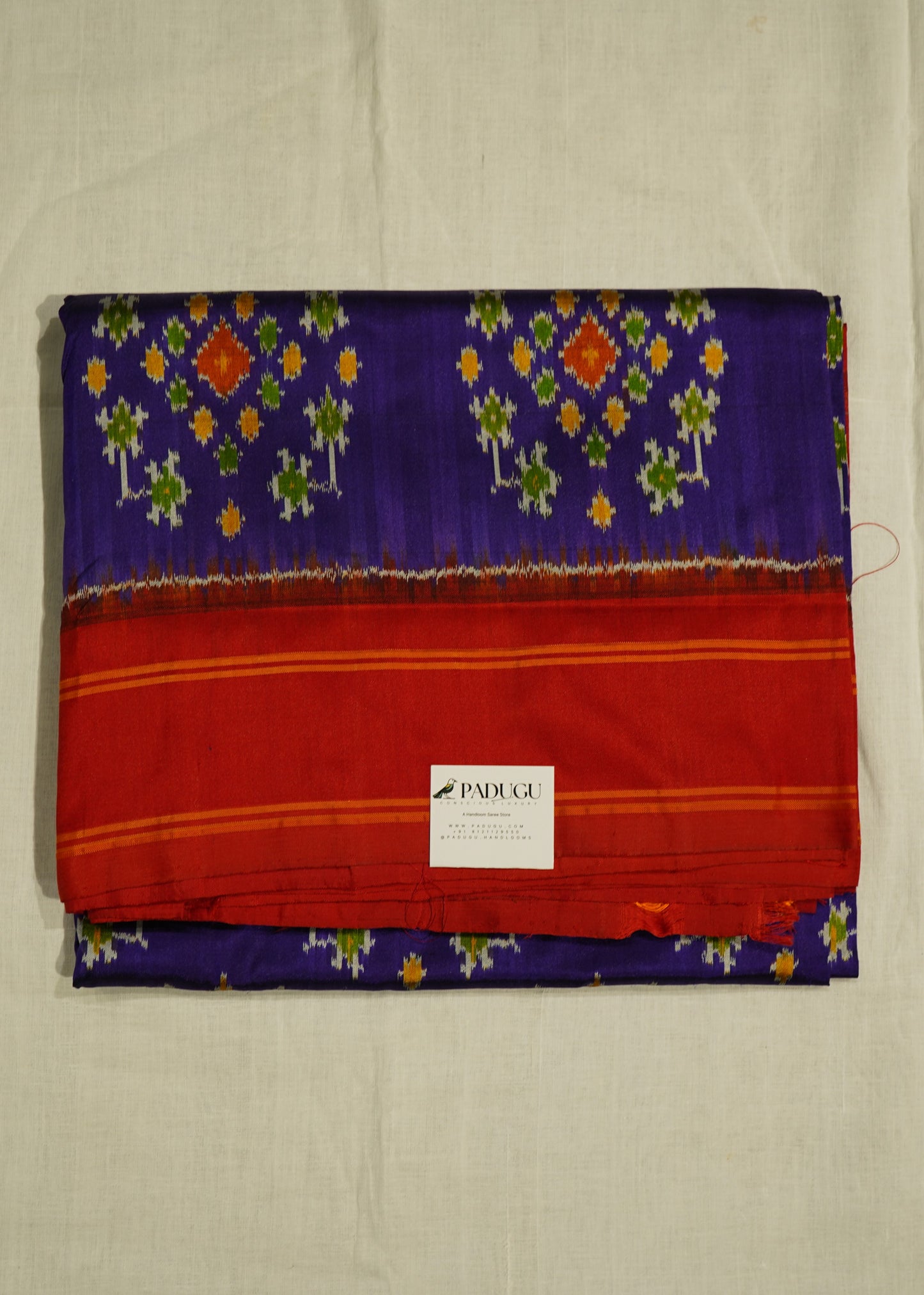 Red & Blue Ikkat Pochampally Zari Buti Pure Silk Handloom Saree