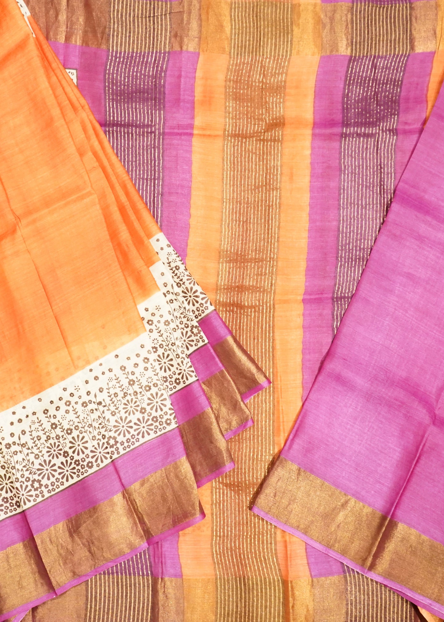 Orange Bengal Screen Print Zari Border Pure Silk Handloom Saree
