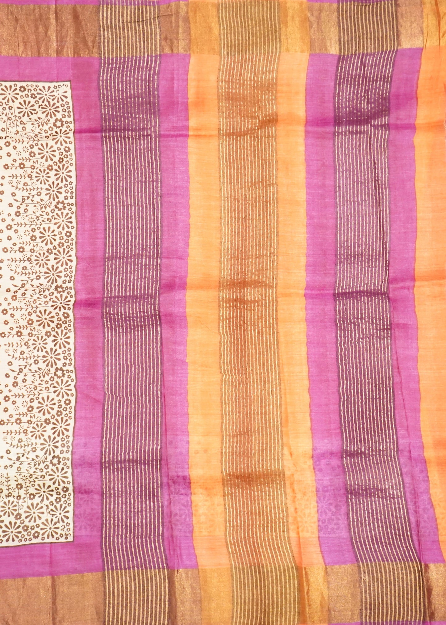 Orange Bengal Screen Print Zari Border Pure Silk Handloom Saree
