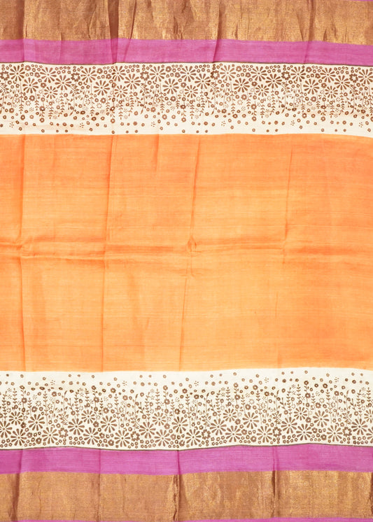Orange Bengal Screen Print Zari Border Pure Silk Handloom Saree