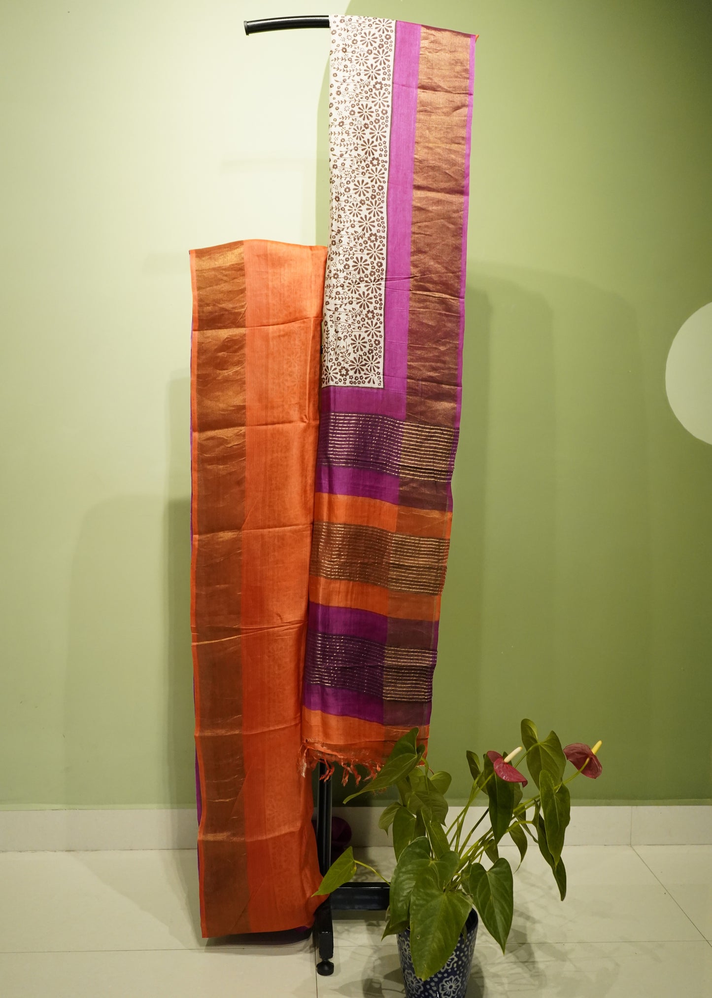 Orange Bengal Screen Print Zari Border Pure Silk Handloom Saree