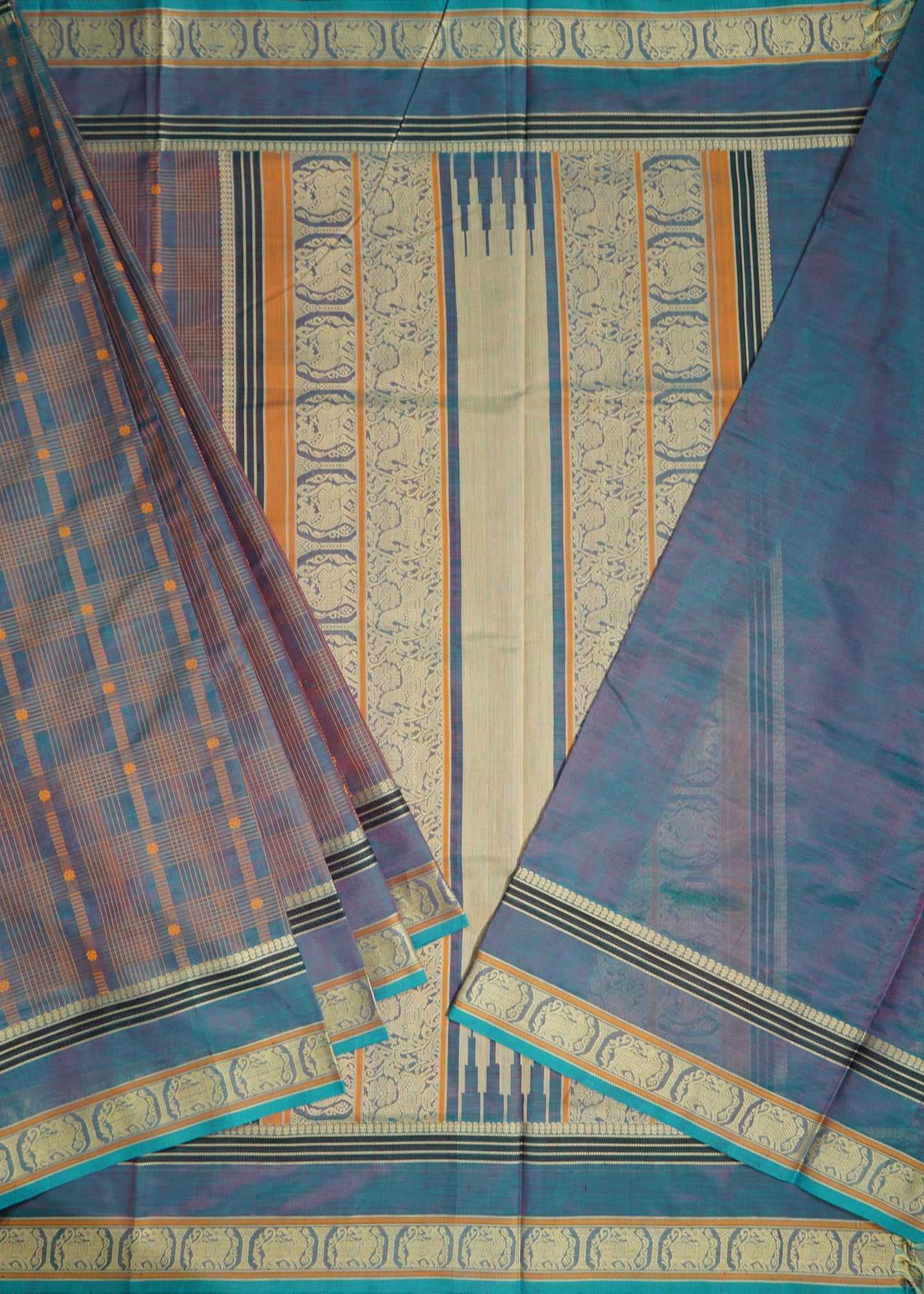 Sea Blue Kanchi Thread Checks Buti Pure Silk Handloom Saree