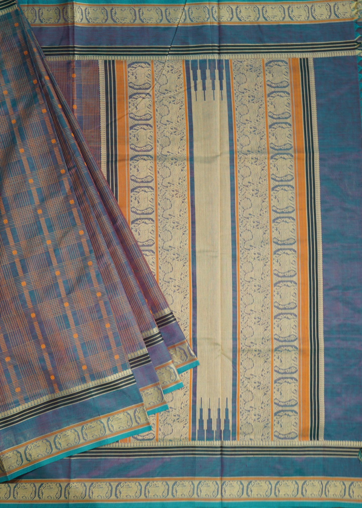 Sea Blue Kanchi Thread Checks Buti Pure Silk Handloom Saree
