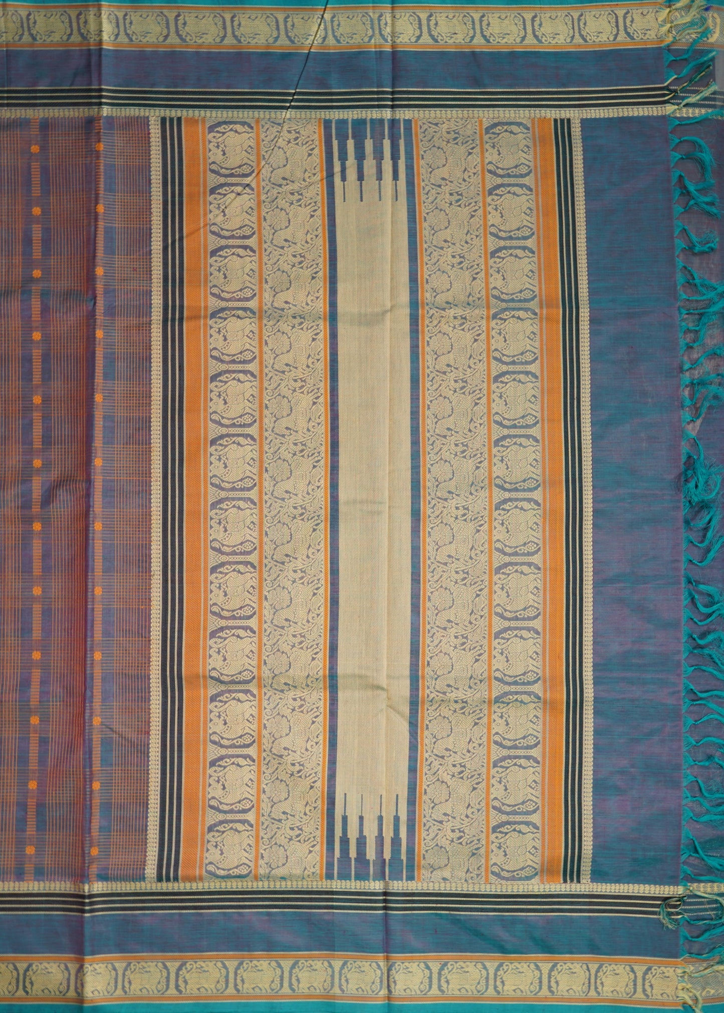 Sea Blue Kanchi Thread Checks Buti Pure Silk Handloom Saree