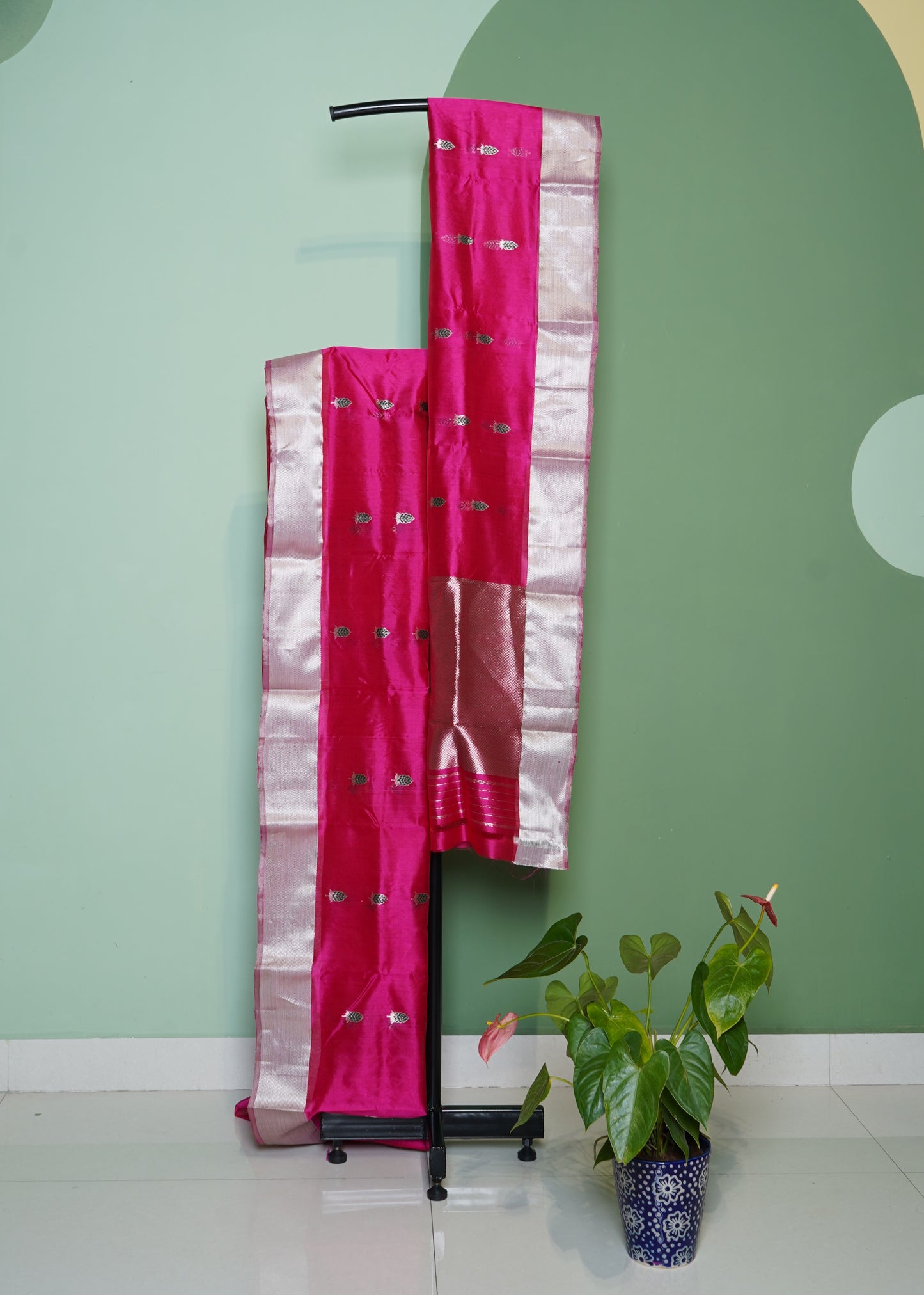 Dark Pink Chanderi Zari buti Pure Silk Handloom Saree