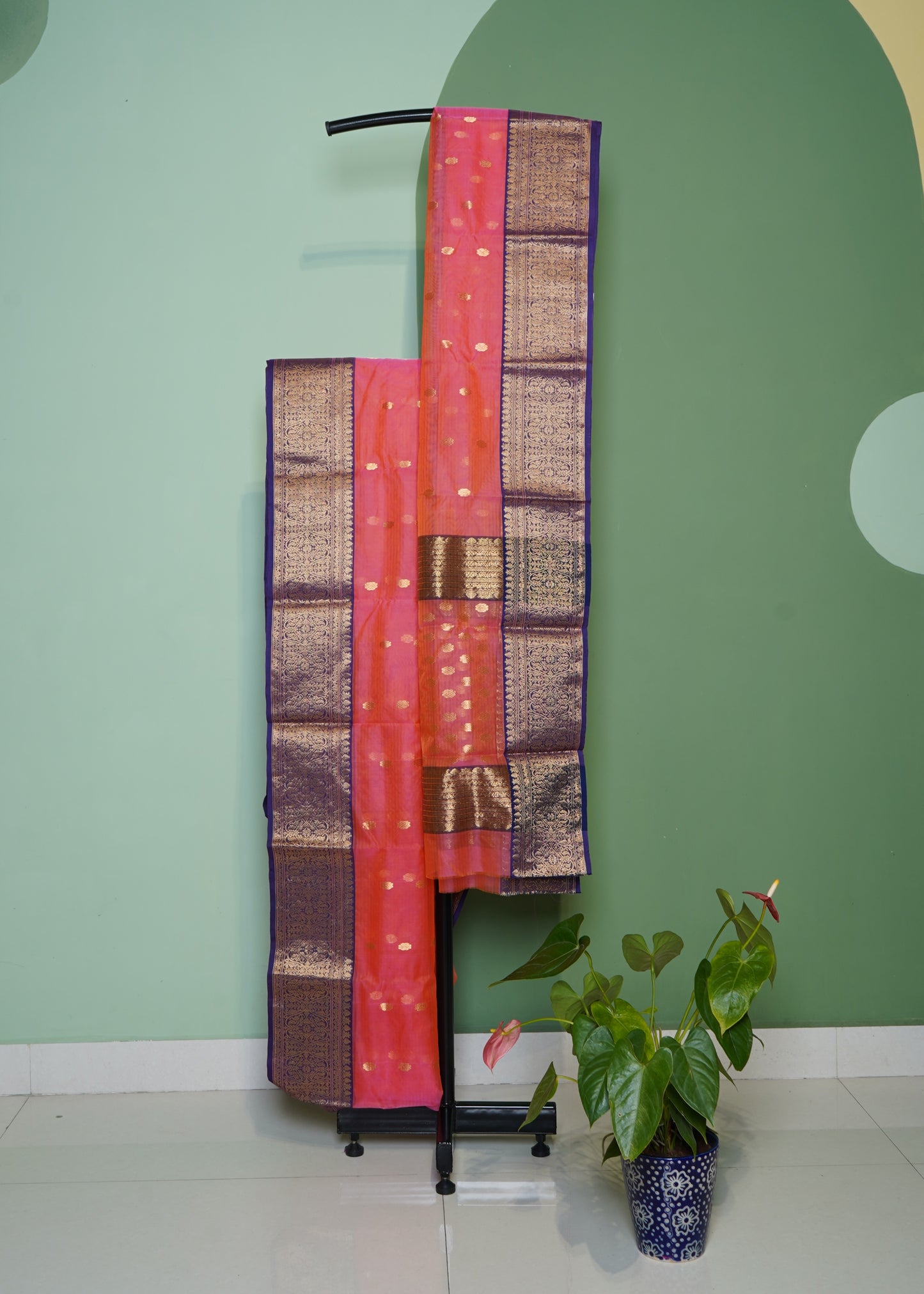 Apricot Chanderi Zari buti Organza Pure Silk Handloom Saree