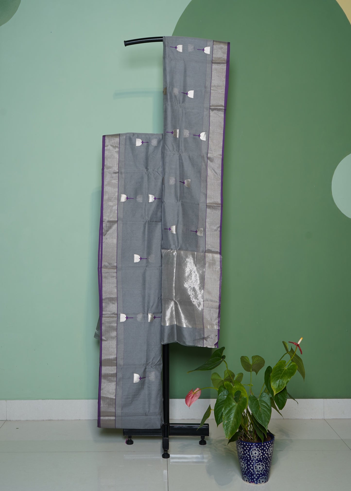 Light Gray Chanderi Zari buti Pure Silk Handloom Saree