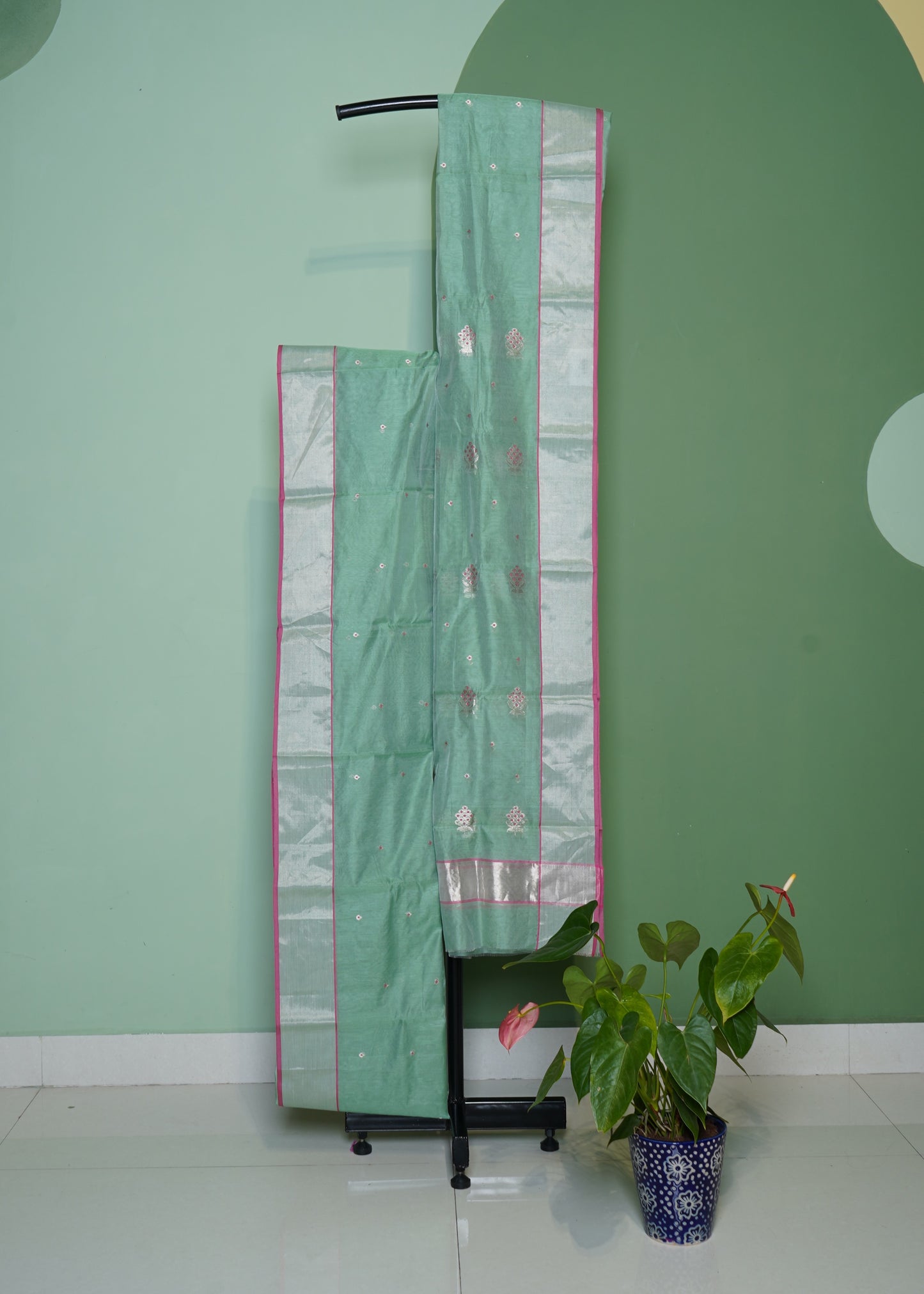 Light Green Chanderi Zari buti Pure Silk Handloom Saree