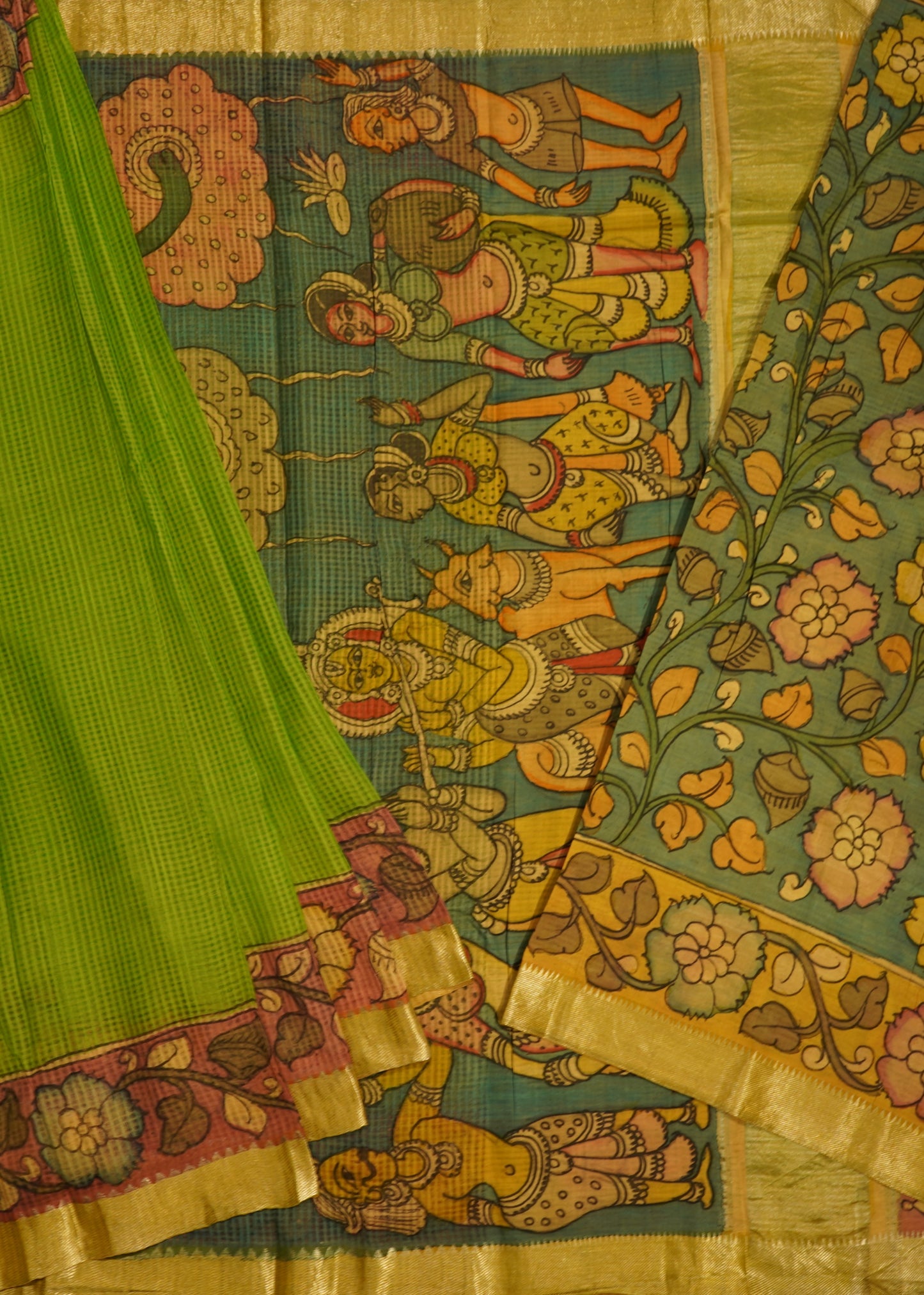 Green Mangalagiri Kalamkari Pure Silk Handloom Saree