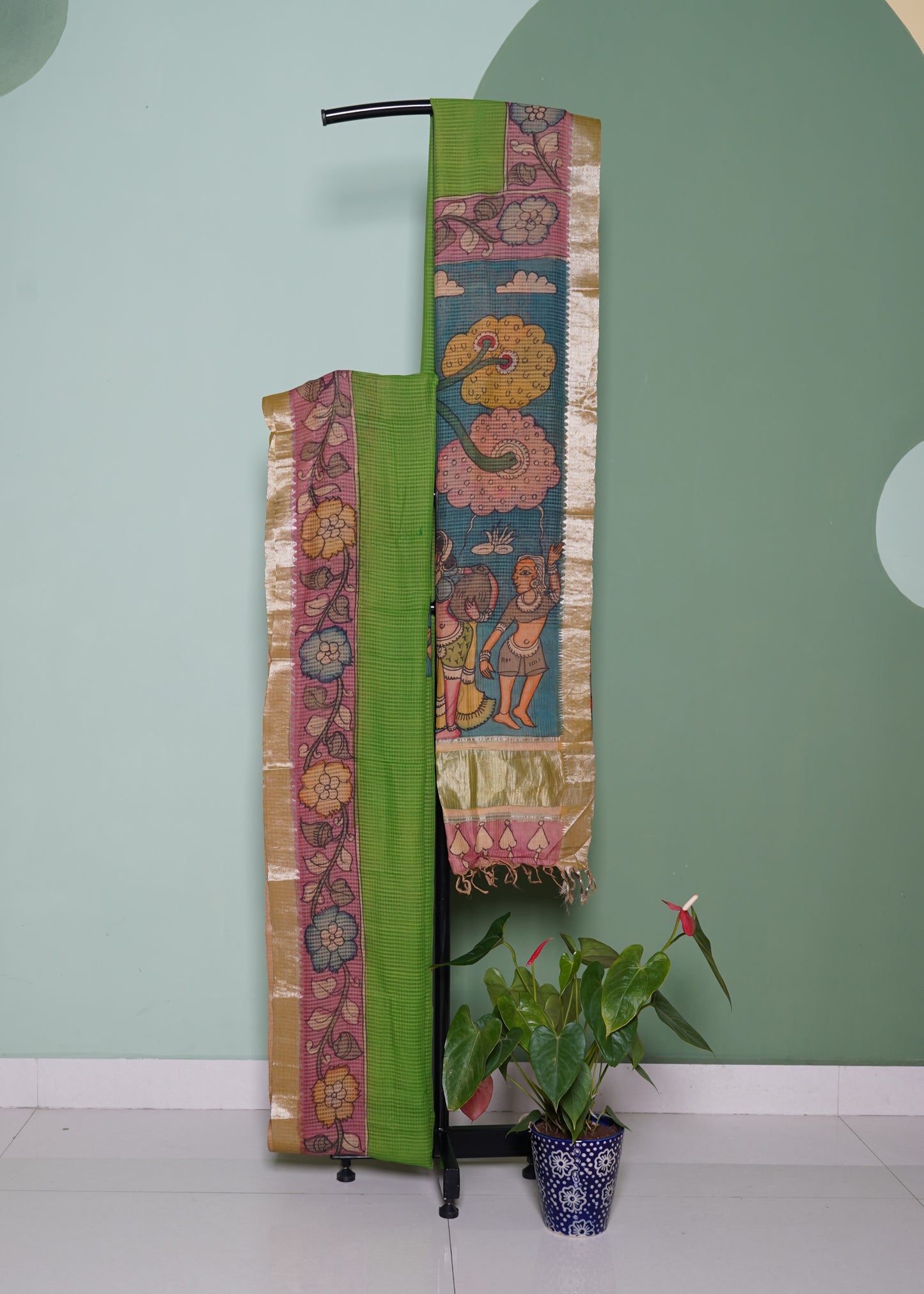 Green Mangalagiri Kalamkari Pure Silk Handloom Saree