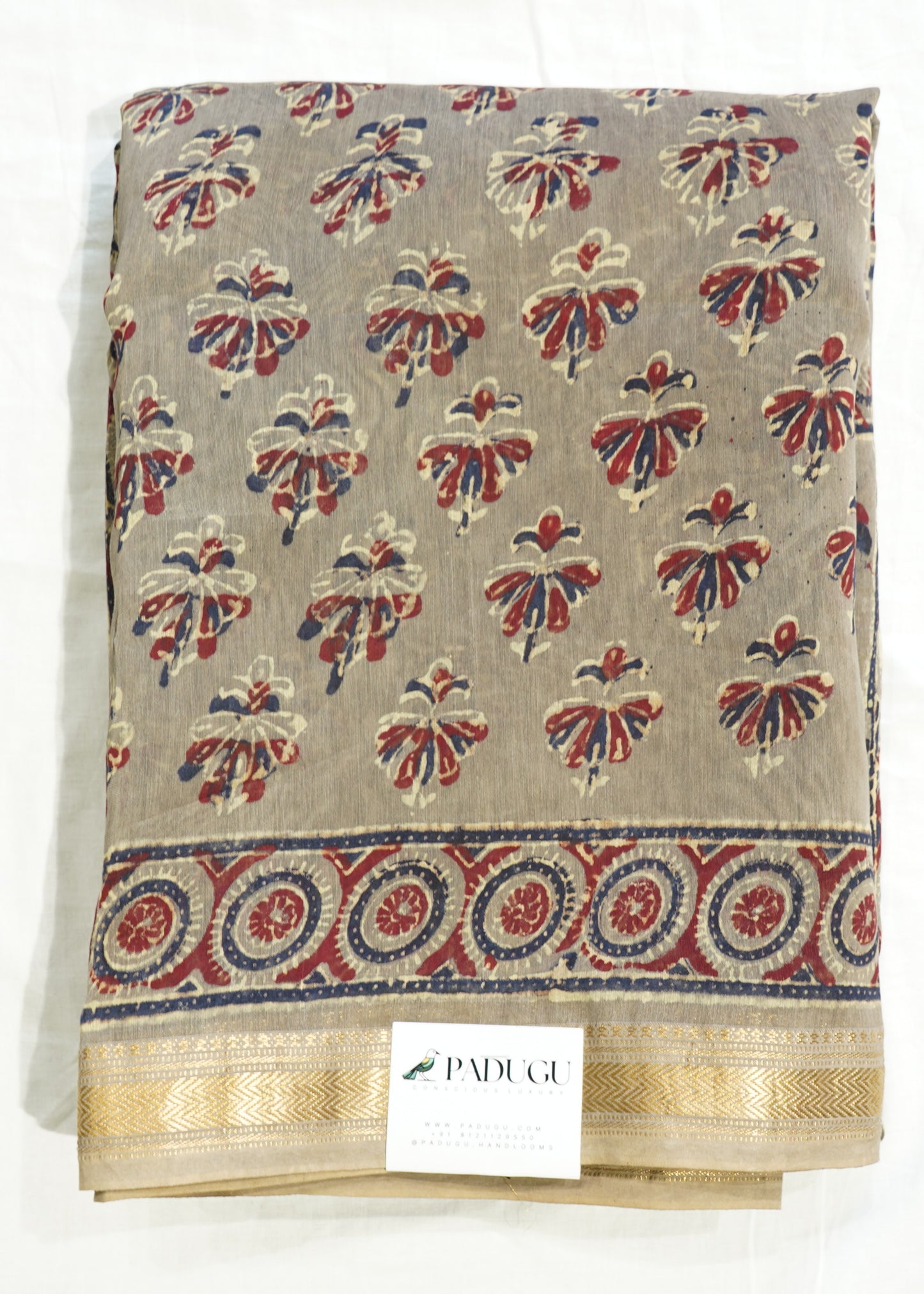 Cream Maheshwari Ajrakh Pure Cotton silk Handloom Saree