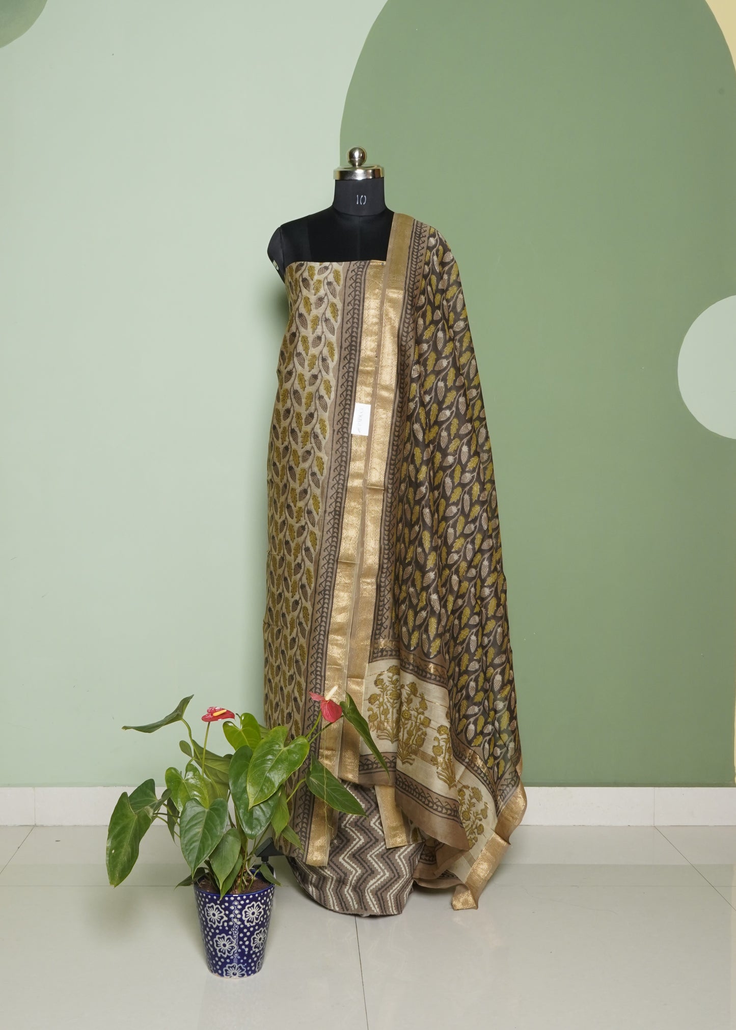 Cream Maheshwari Ajrak Pure Cotton Silk Handloom Dress Material
