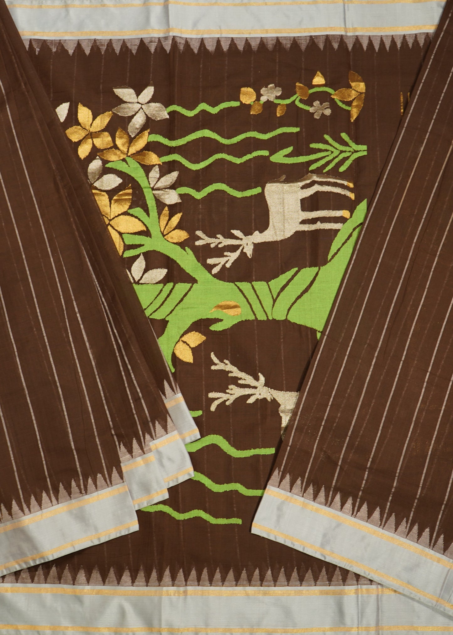 Brown Ponduru Pallu Jamdani Stripes Pure Cotton Handloom Saree