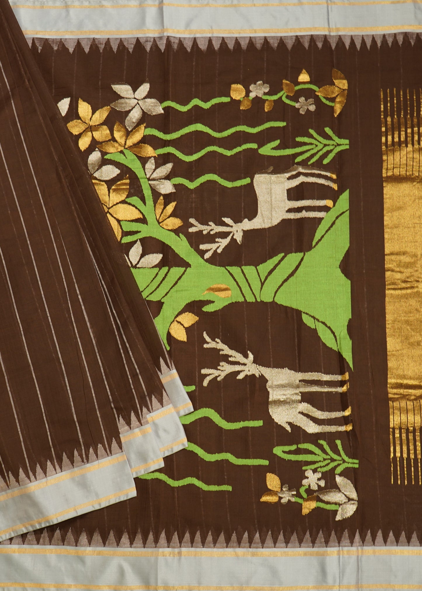 Brown Ponduru Pallu Jamdani Stripes Pure Cotton Handloom Saree