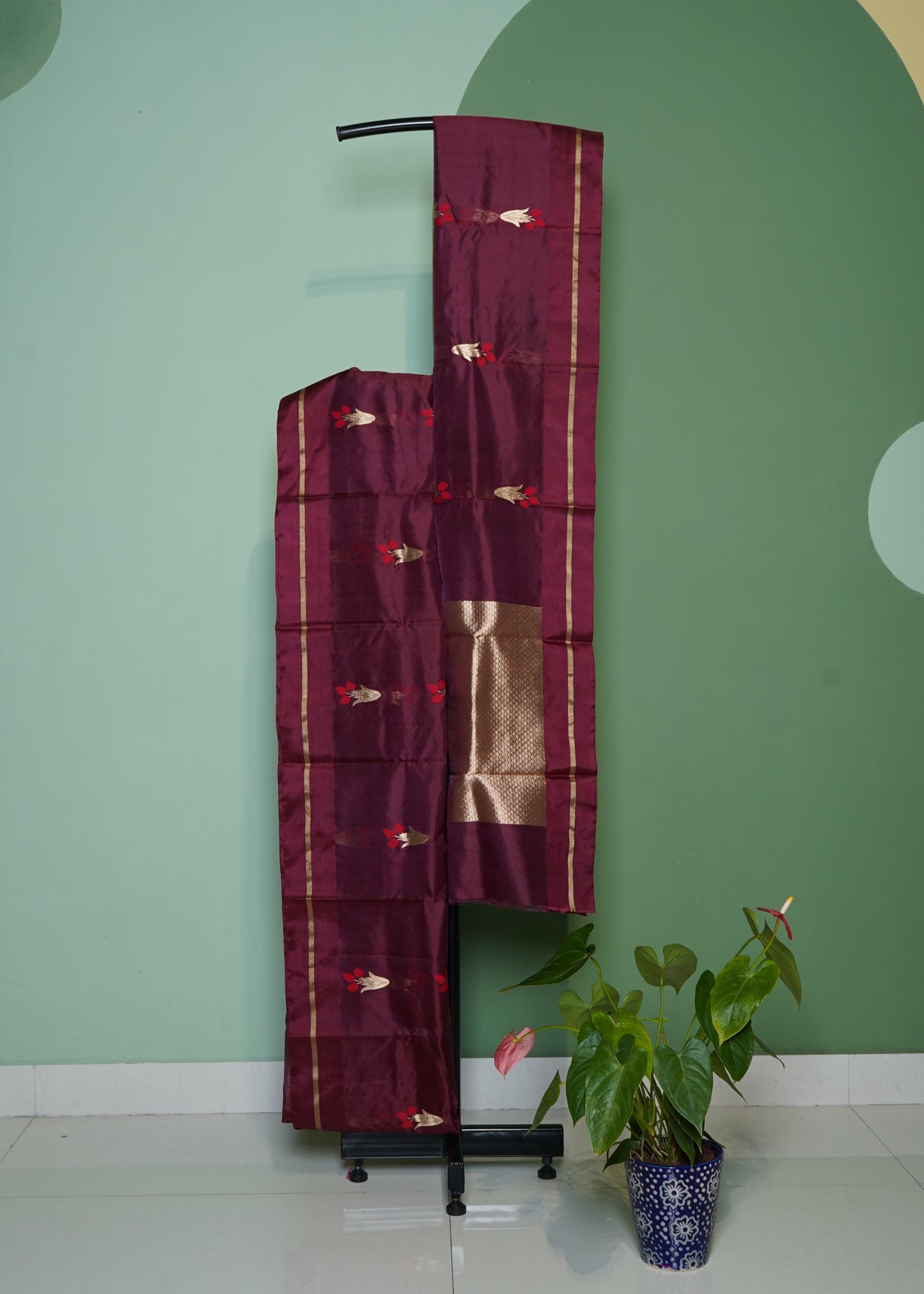 Maroon Chanderi Eknaliya Zari buti Pure Silk Handloom Saree