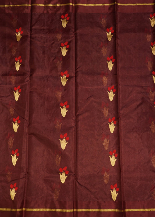 Maroon Chanderi Eknaliya Zari buti Pure Silk Handloom Saree