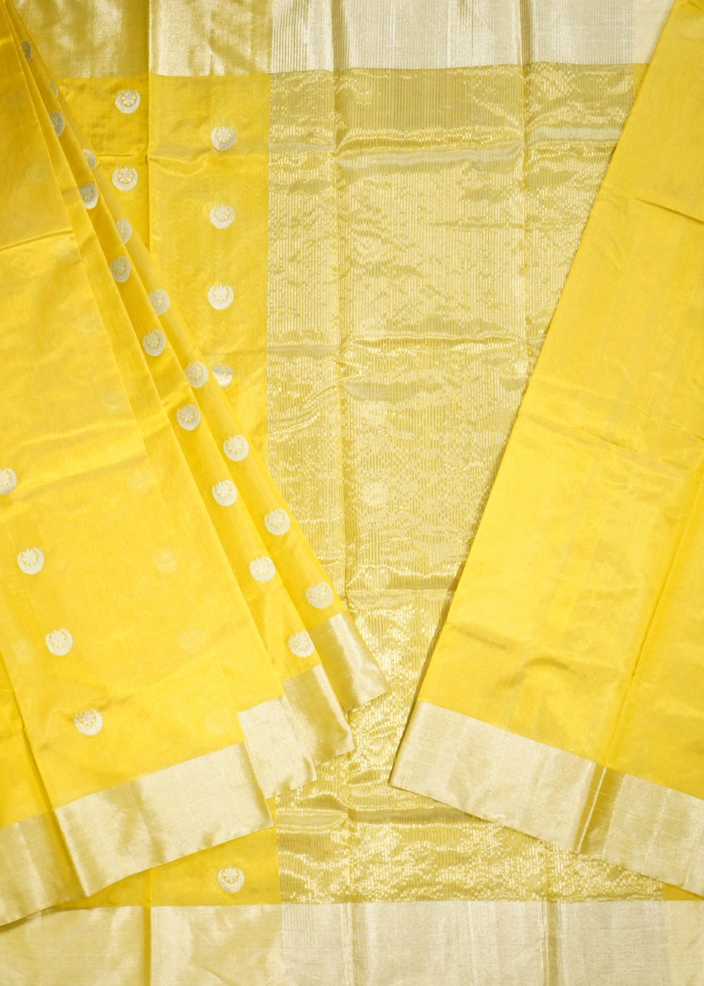 Mustard Yelow Chanderi Eknali Zari Buti Pure Silk Handloom Saree