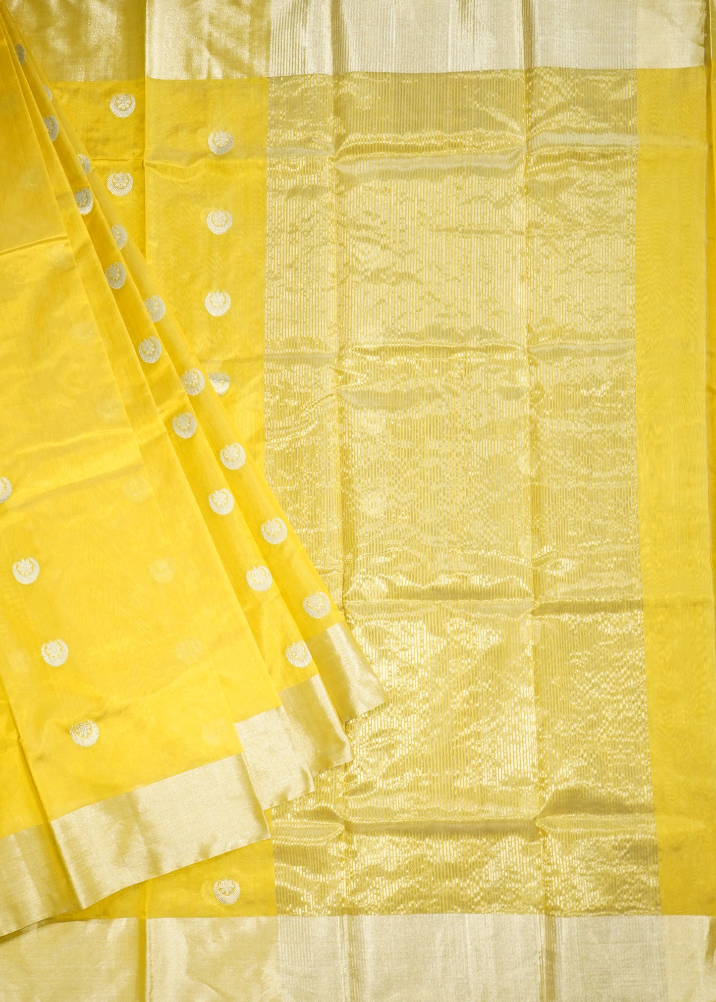 Mustard Yelow Chanderi Eknali Zari Buti Pure Silk Handloom Saree