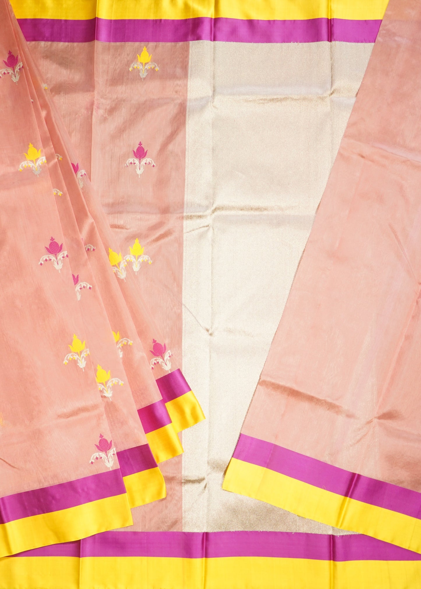 Apricot Chanderi Eknali Zari Buti Pure Silk Handloom Saree