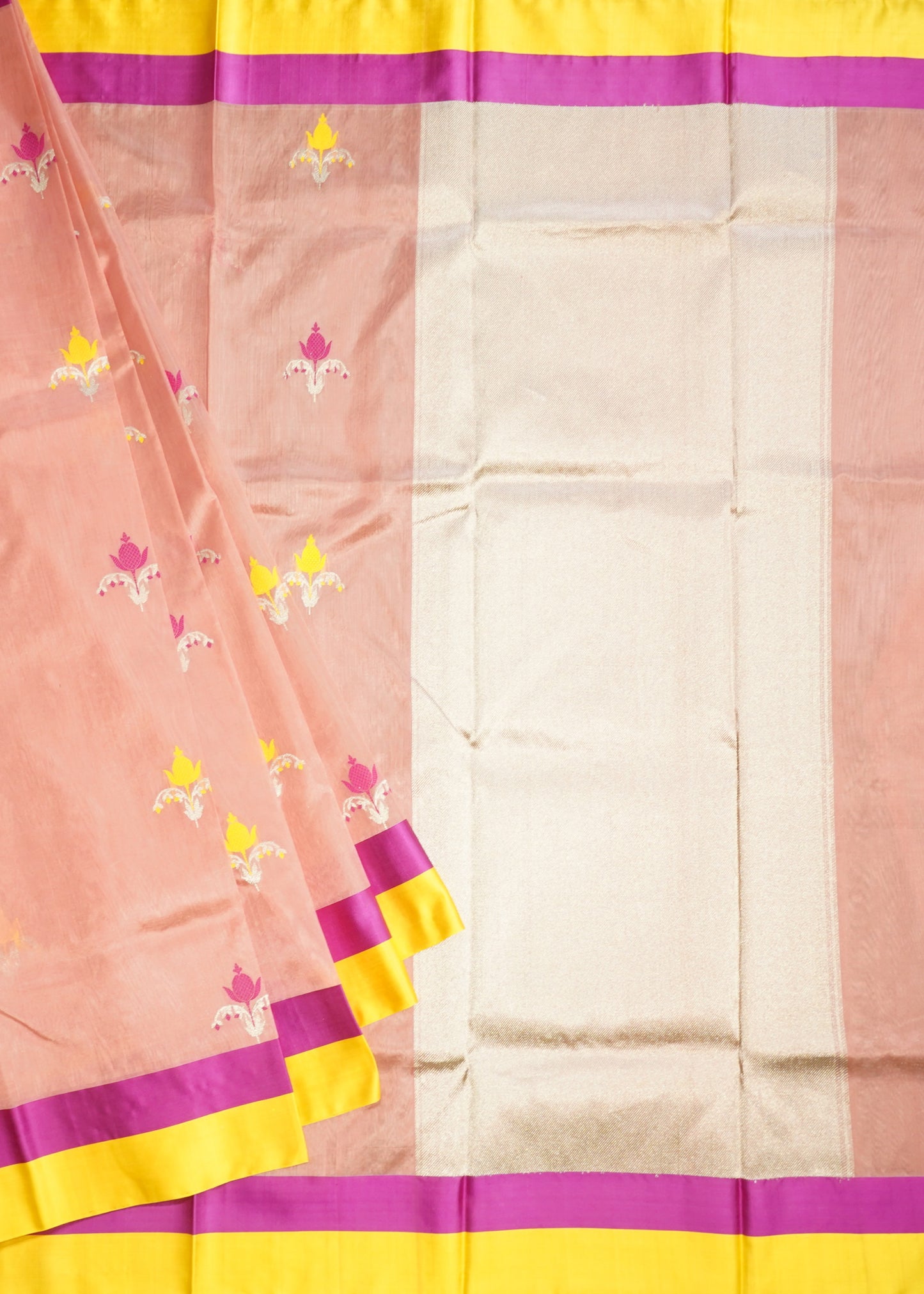 Apricot Chanderi Eknali Zari Buti Pure Silk Handloom Saree