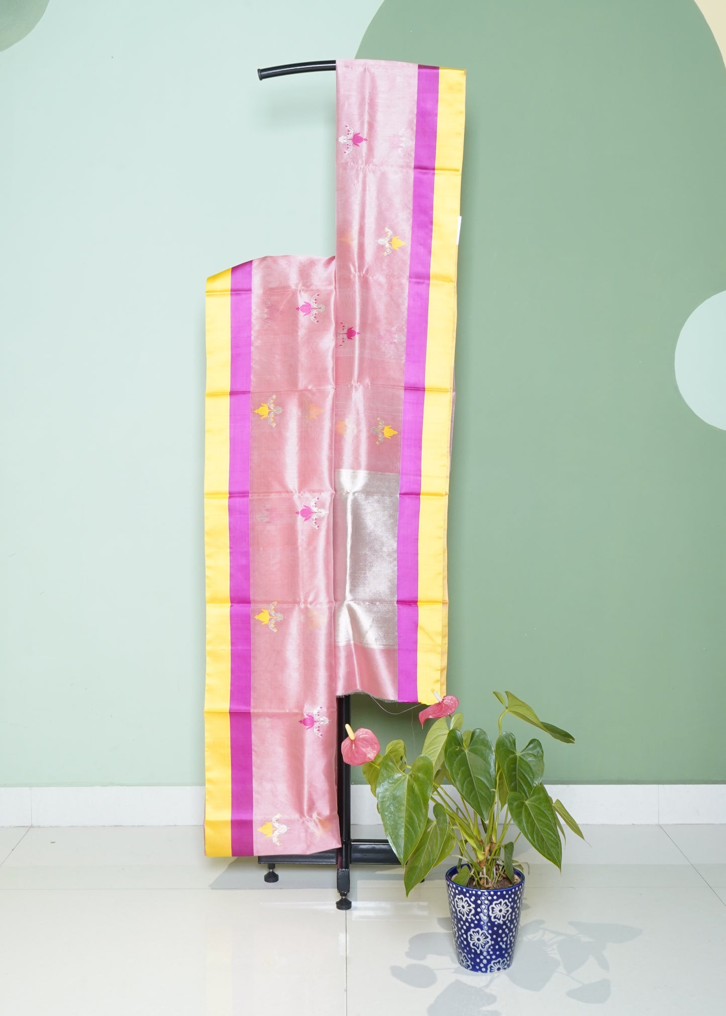 Apricot Chanderi Eknali Zari Buti Pure Silk Handloom Saree