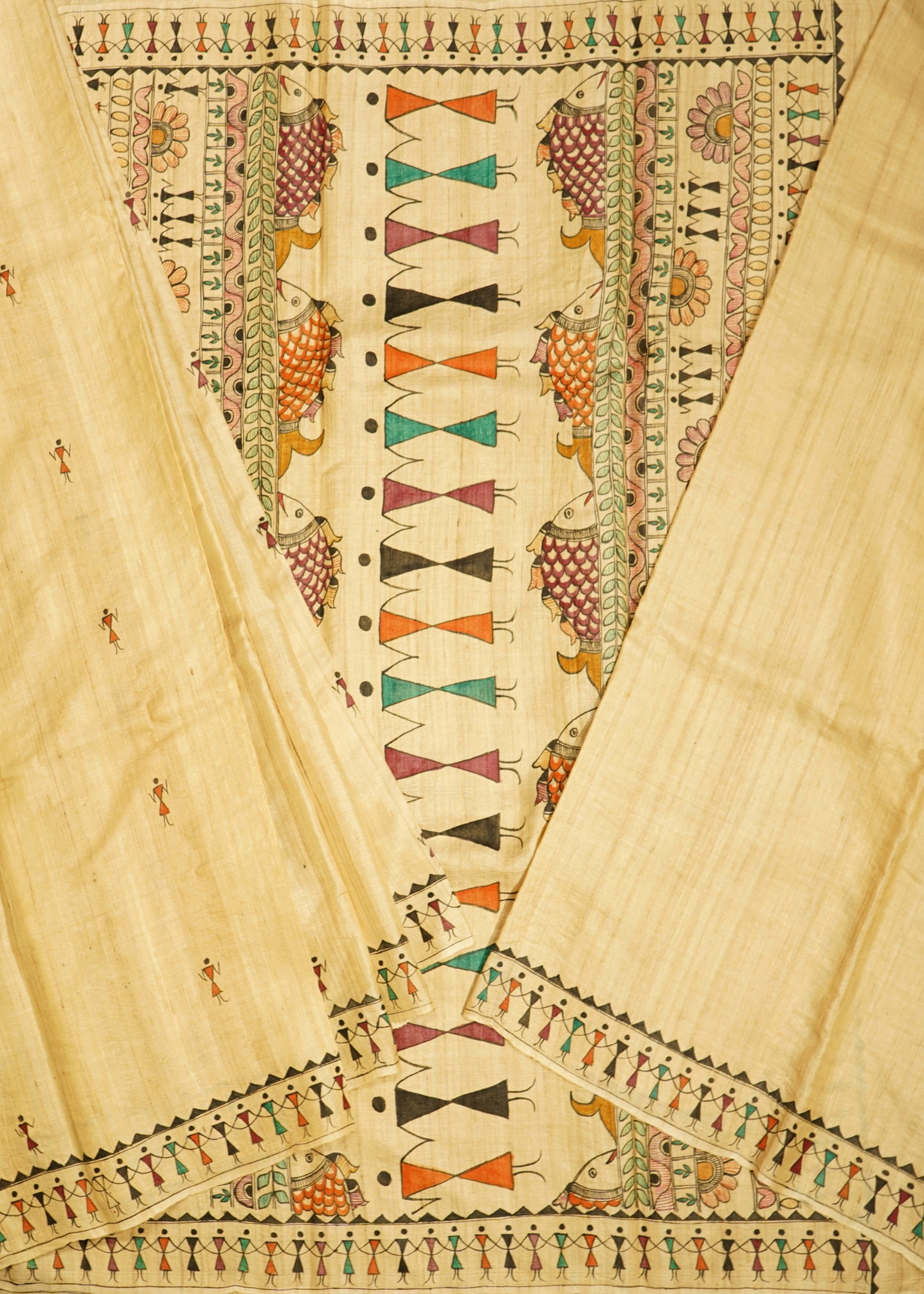 Cream Kosa Checks Tussar Pure Silk Handloom Saree