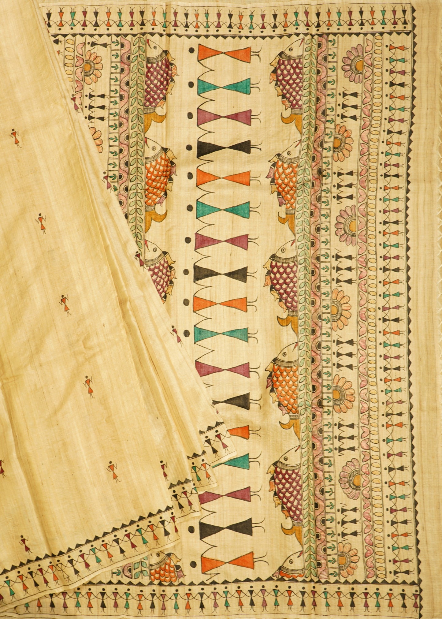 Cream Kosa Checks Tussar Pure Silk Handloom Saree