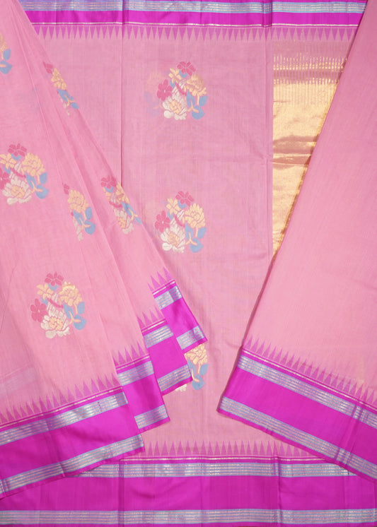 Baby Pink Ponduru All Over Jamdani Buti Pure Cotton Handloom Saree
